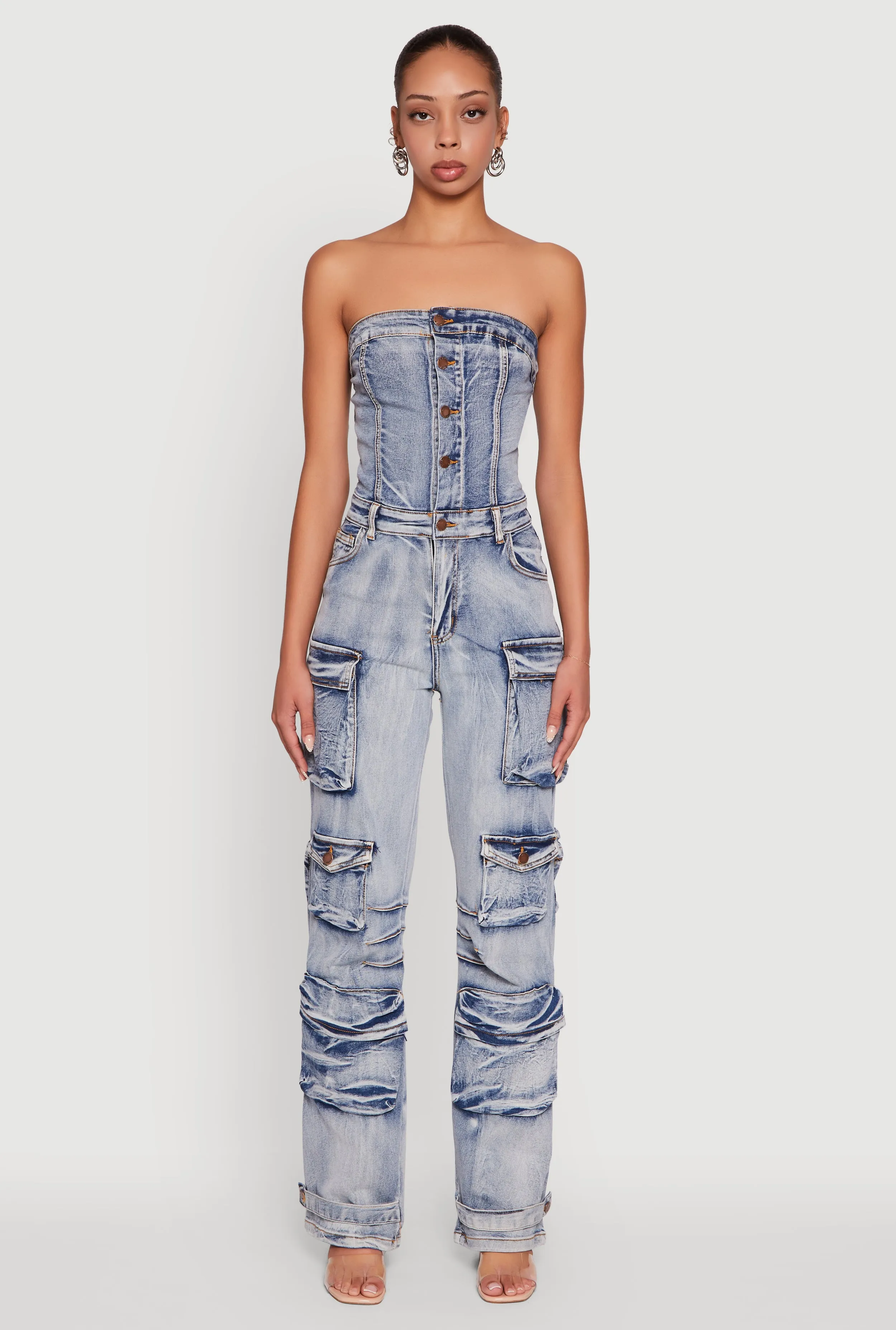 Acid Wash Denim Multi Cargo Pocket Strapless Jumpsuit sold by Rainbow product image thumbnail 2