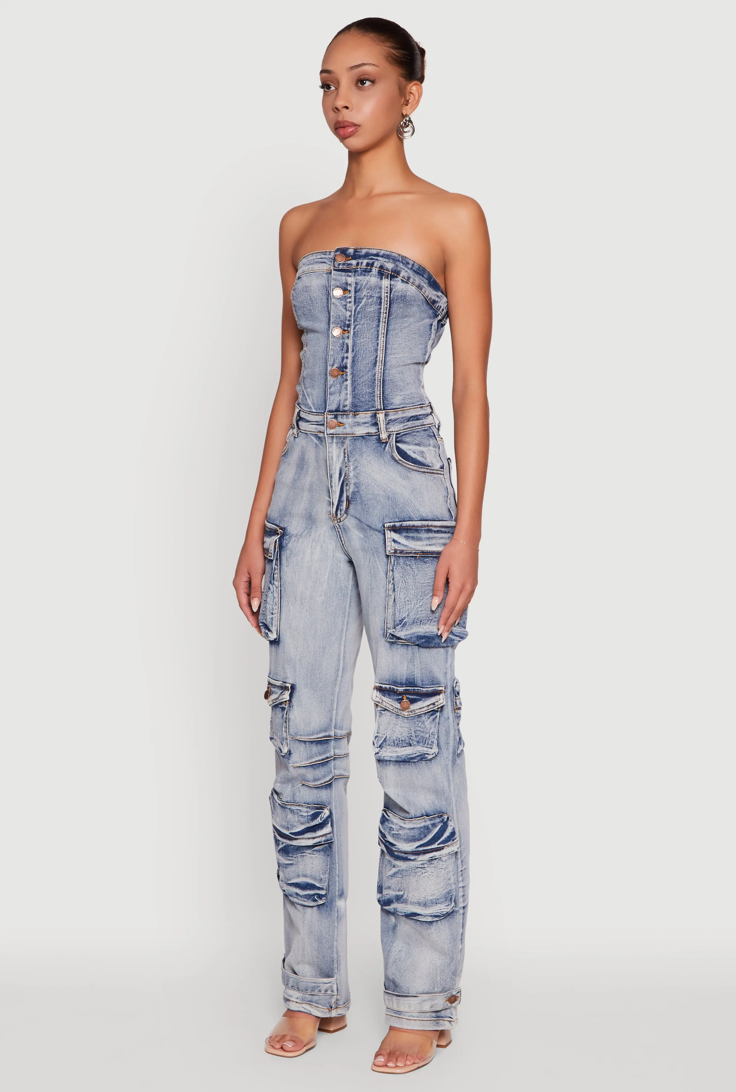 Acid Wash Denim Multi Cargo Pocket Strapless Jumpsuit sold by Rainbow product image thumbnail 3