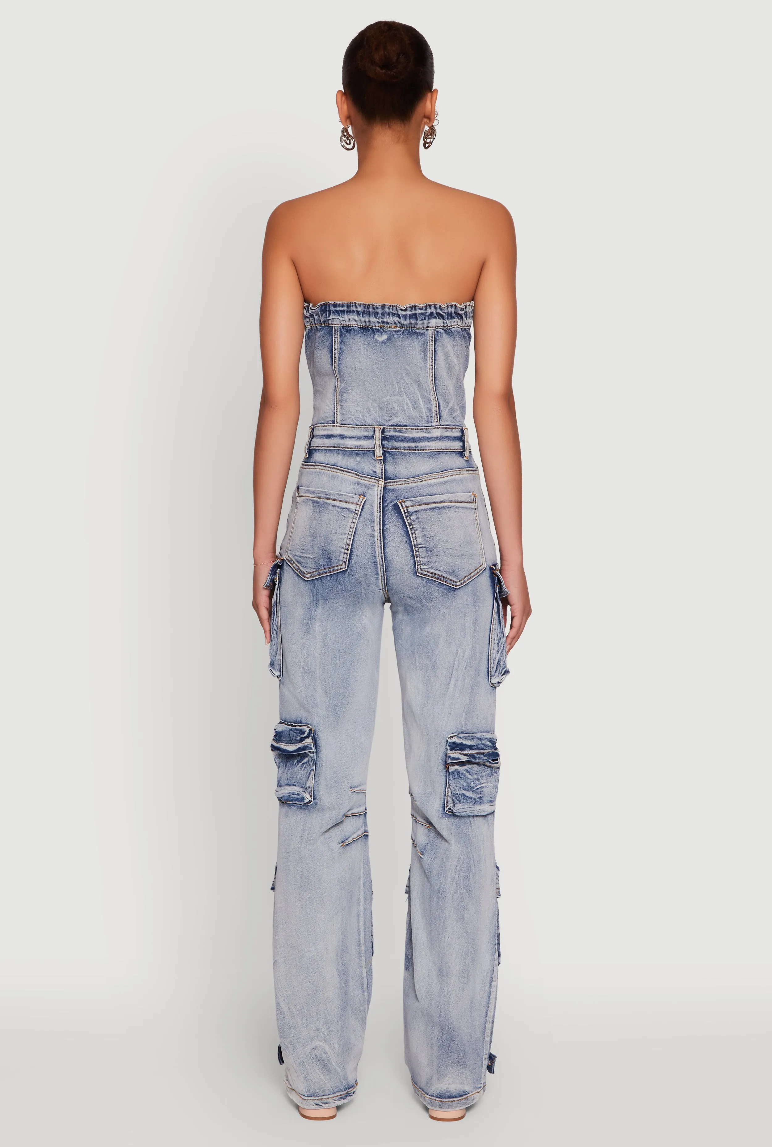 Acid Wash Denim Multi Cargo Pocket Strapless Jumpsuit sold by Rainbow product image thumbnail 5