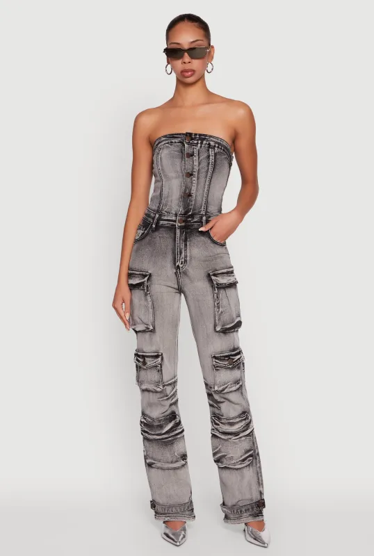 Acid Wash Denim Multi Cargo Pocket Strapless Jumpsuit sold by Rainbow