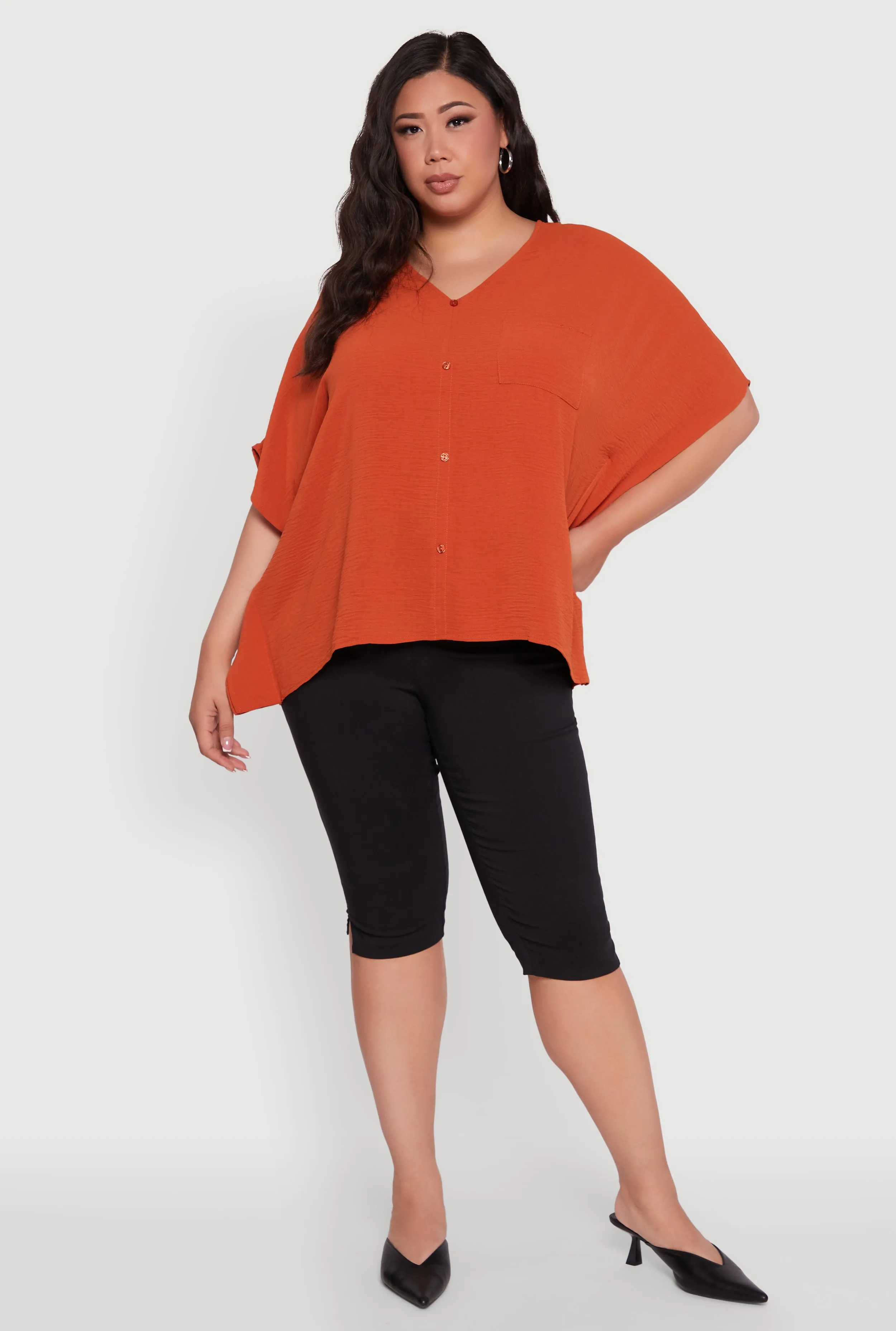Plus Size Crepe Knit Button Detail Dolman Sleeve Blouse sold by Rainbow