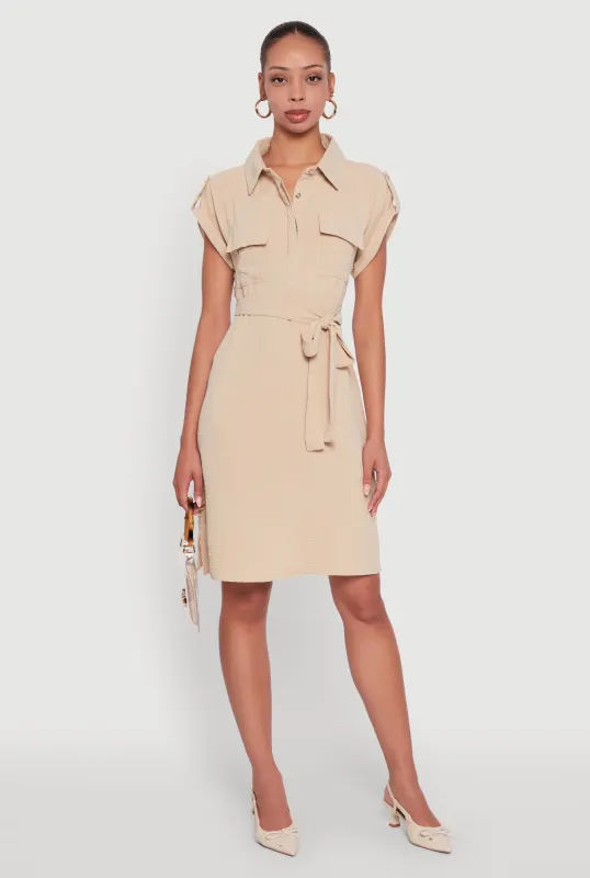 Airy Tabbed Sleeve Shirt Dress with Tie Waist Belt sold by Rainbow
