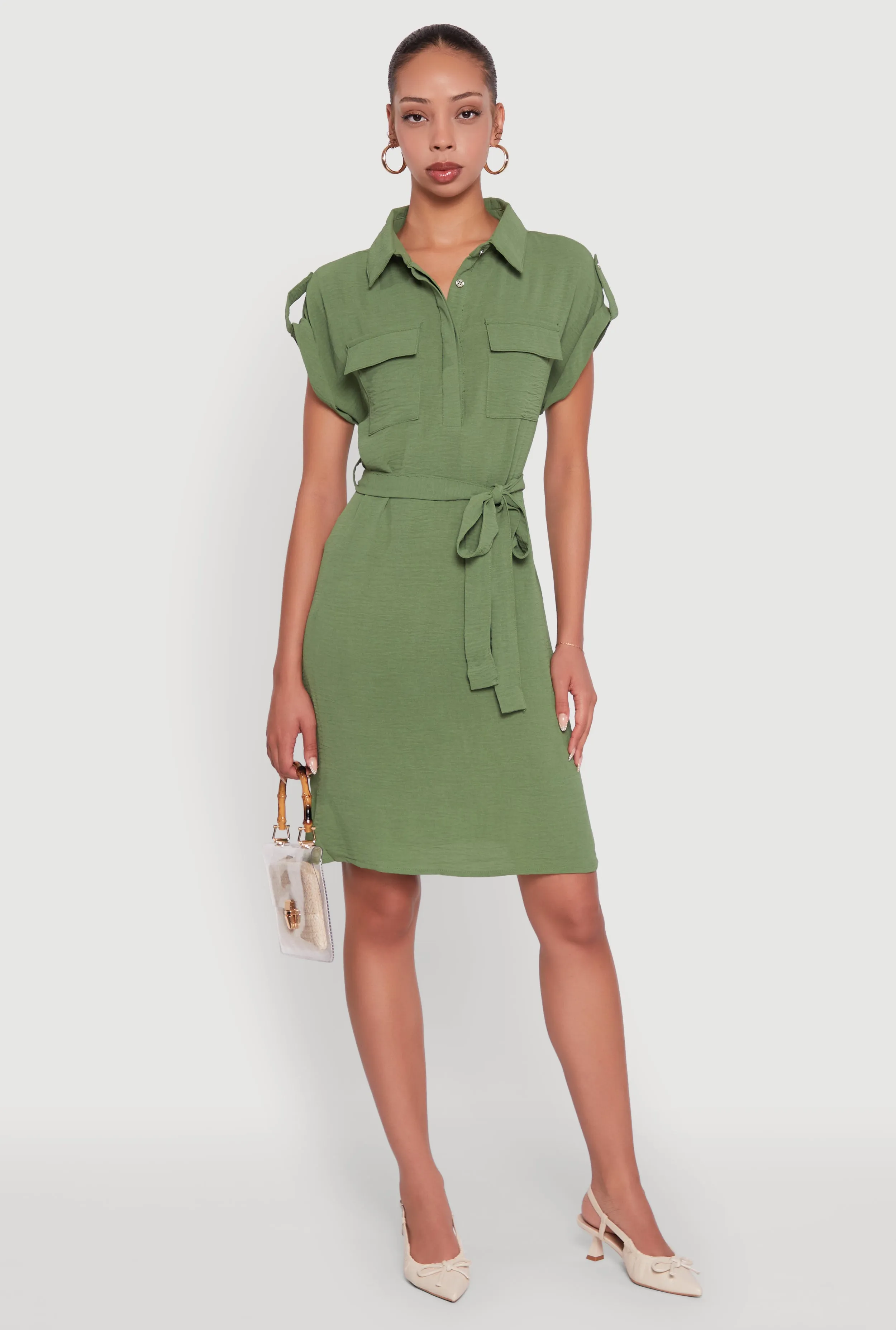 Airy Tabbed Sleeve Shirt Dress with Tie Waist Belt sold by Rainbow product image thumbnail 3
