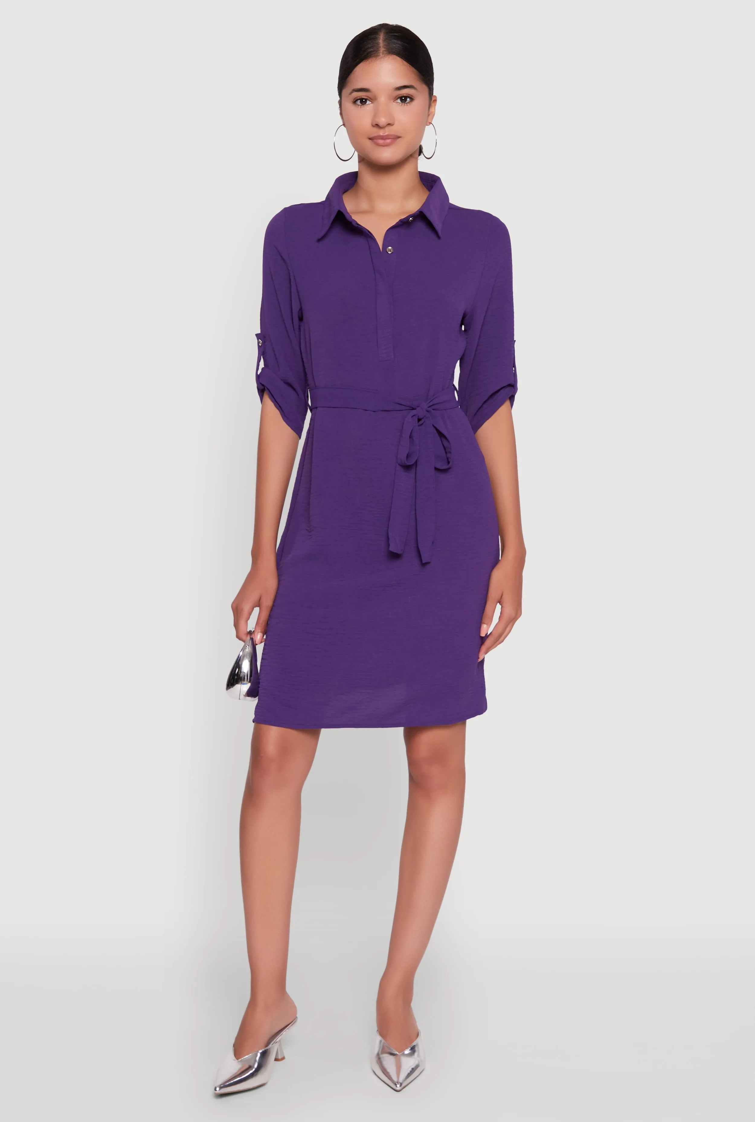 Airy Three Quarter Tabbed Sleeve Belted Shirt Dress sold by Rainbow product image thumbnail 3