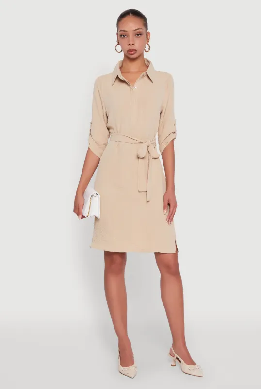 Airy Three Quarter Tabbed Sleeve Belted Shirt Dress sold by Rainbow
