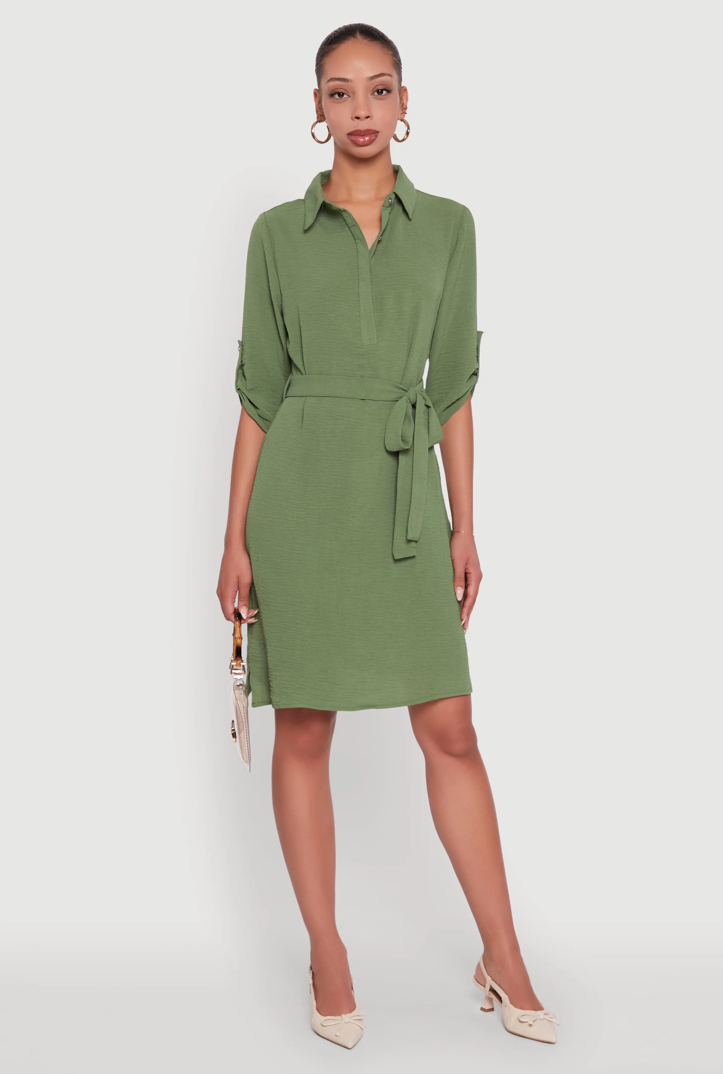 Airy Three Quarter Tabbed Sleeve Belted Shirt Dress sold by Rainbow product image thumbnail 2
