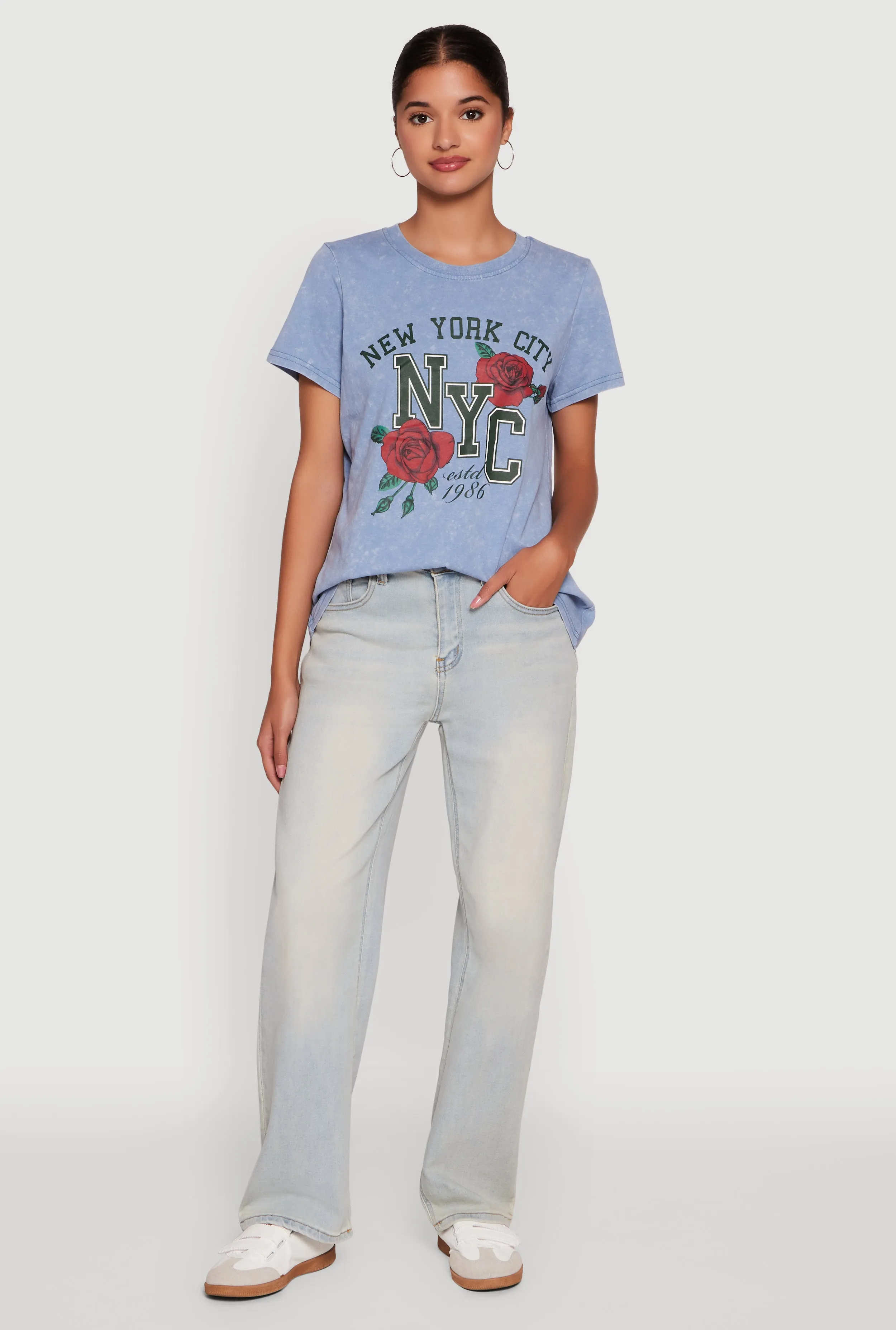 NYC Graphic Rose Print Acid Wash Classic Tee sold by Rainbow