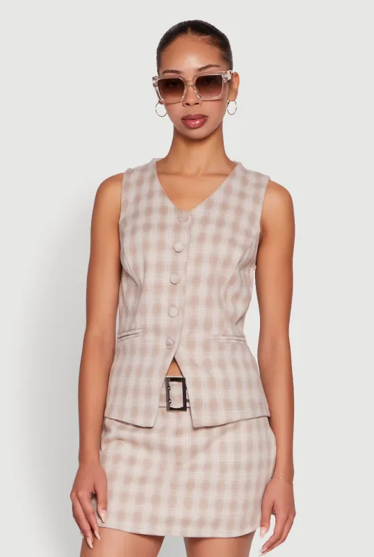 Fleece Plaid Button Front V-Neck Vest sold by Rainbow