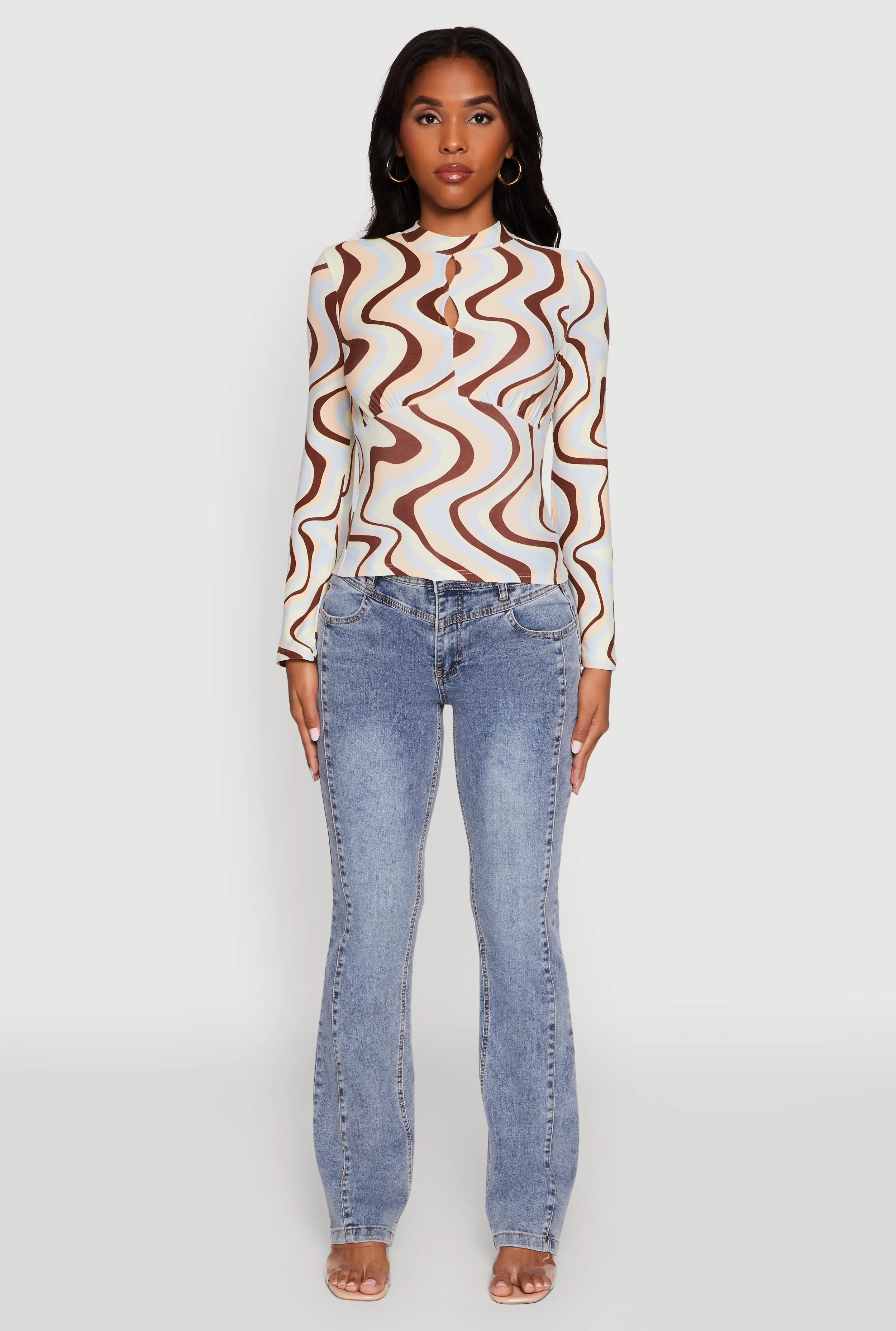 Wavy Print Mock Neck Keyhole Detail Blouse sold by Rainbow product image thumbnail 3