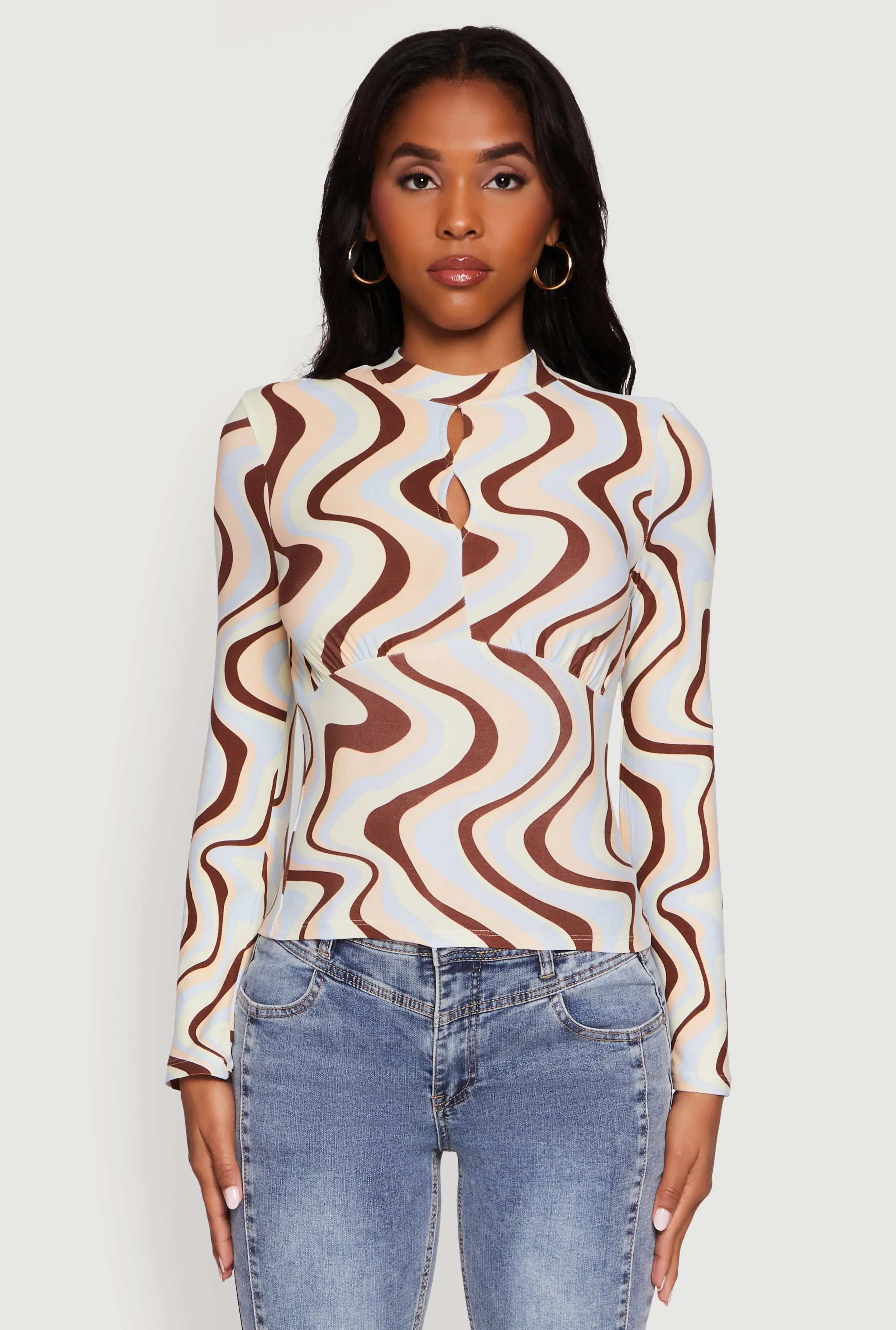 Wavy Print Mock Neck Keyhole Detail Blouse sold by Rainbow product image thumbnail 2