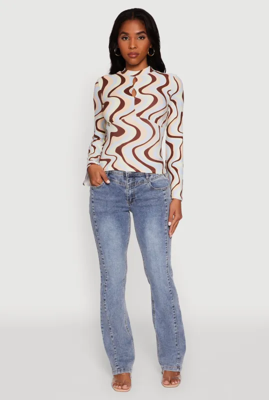 Wavy Print Mock Neck Keyhole Detail Blouse made by Almost Famous