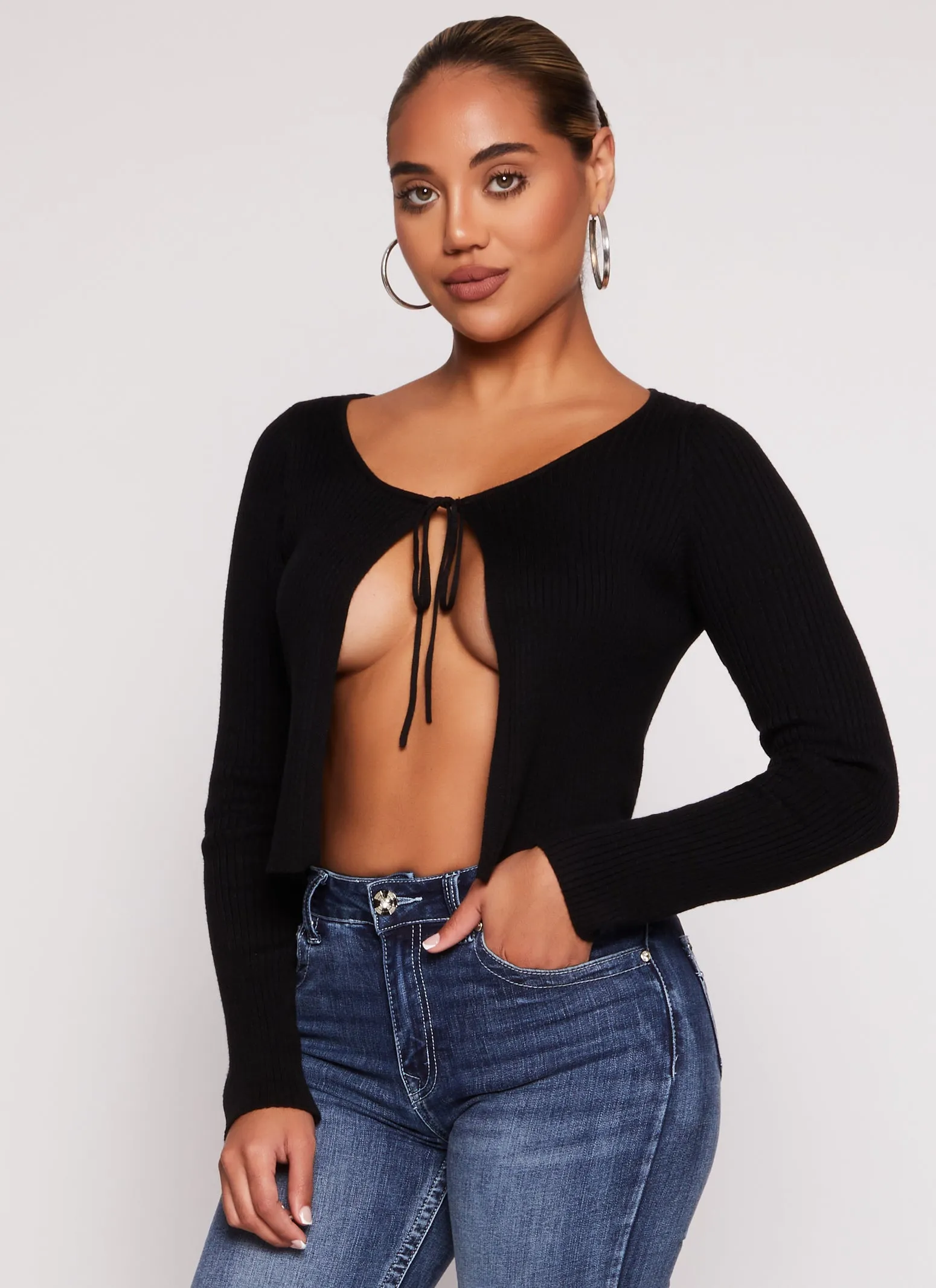 Ribbed Knit Tie Front Cardigan sold by Rainbow