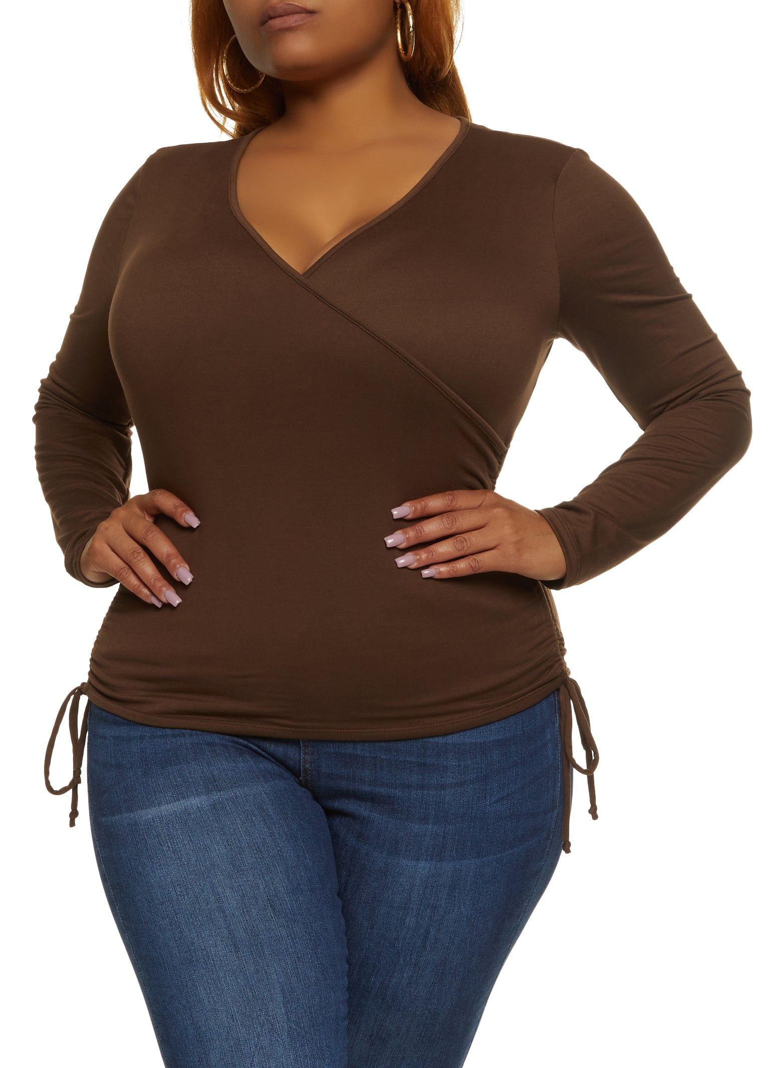 Plus Size Faux Wrap Ruched Side Top sold by Rainbow