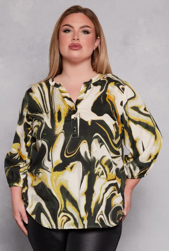 Plus Size Swirl Marble Print Blouse made by Rainbow