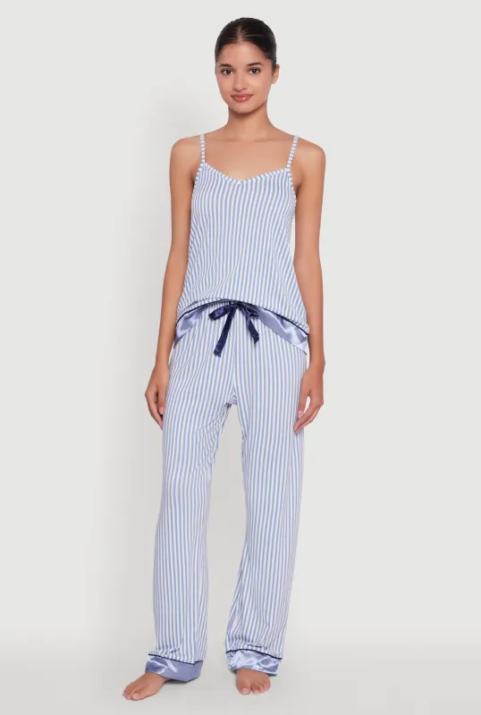 Striped Contrast Satin Trim Pajama Cami and Pants sold by Rainbow