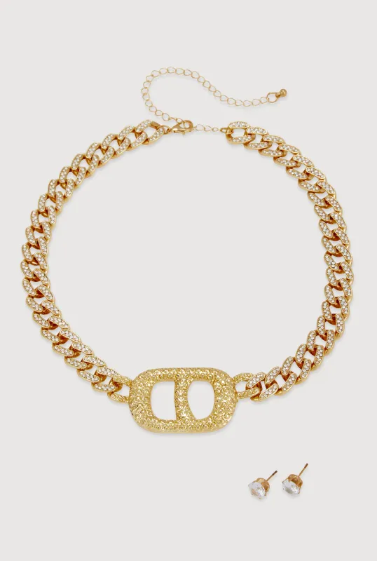 Metallic Buckle Curb Chain Necklace with Stud Earrings sold by Rainbow