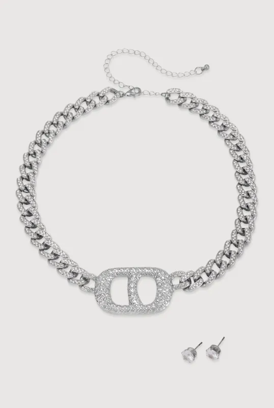 Metallic Buckle Curb Chain Necklace with Stud Earrings sold by Rainbow