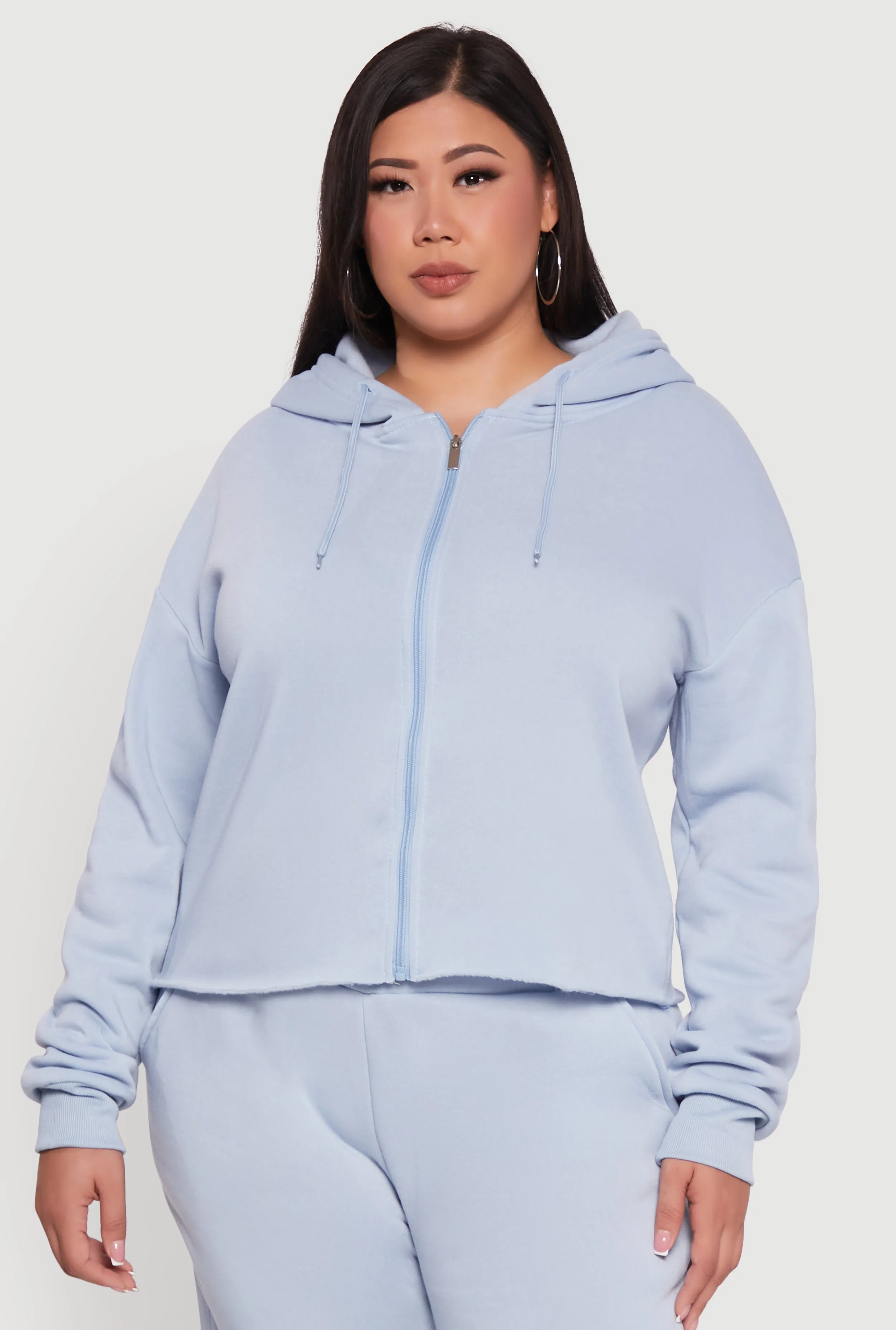 Plus Size Raw Hem Zip Front Hooded Sweatshirt sold by Rainbow
