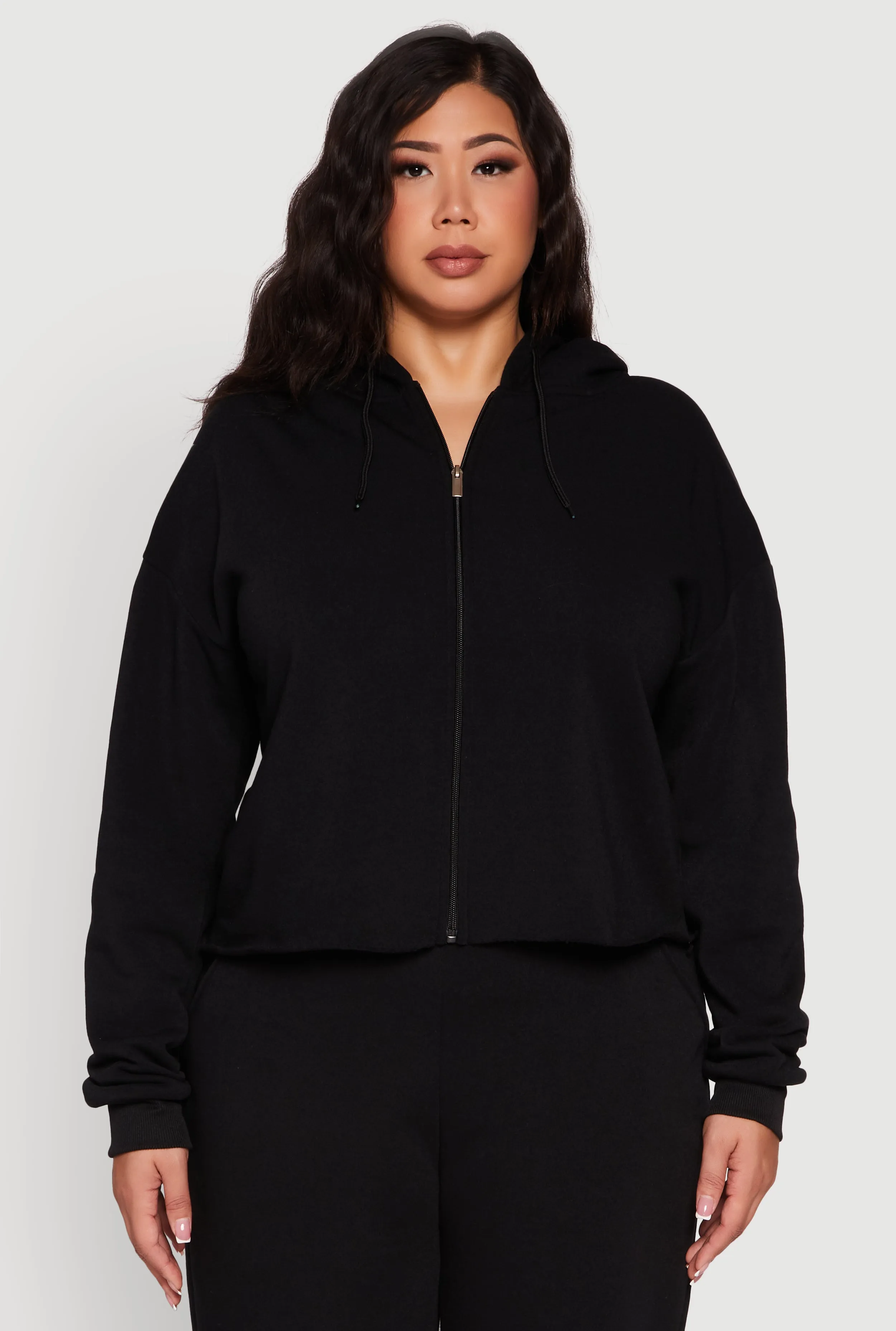 Plus Size Raw Hem Zip Front Hooded Sweatshirt sold by Rainbow
