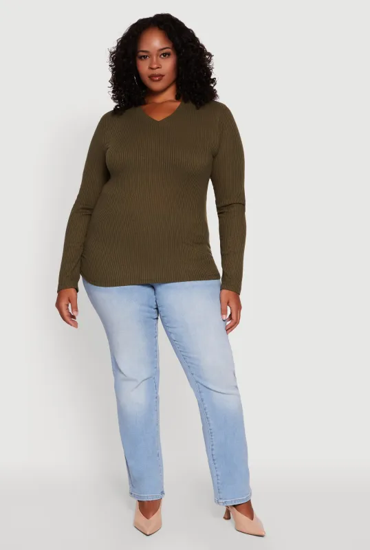 Plus Size Long Sleeve V Neck Tee sold by Rainbow