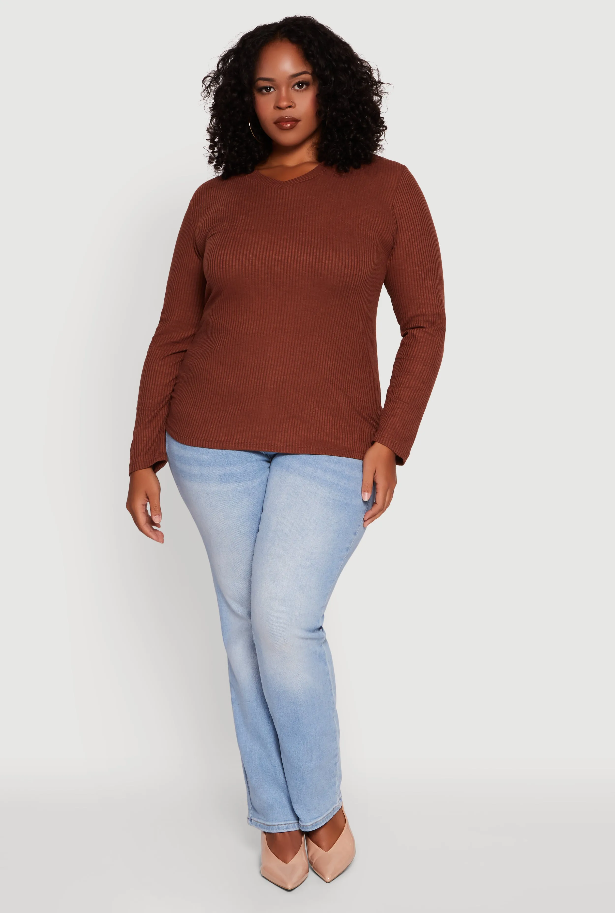 Plus Size Long Sleeve V Neck Tee sold by Rainbow