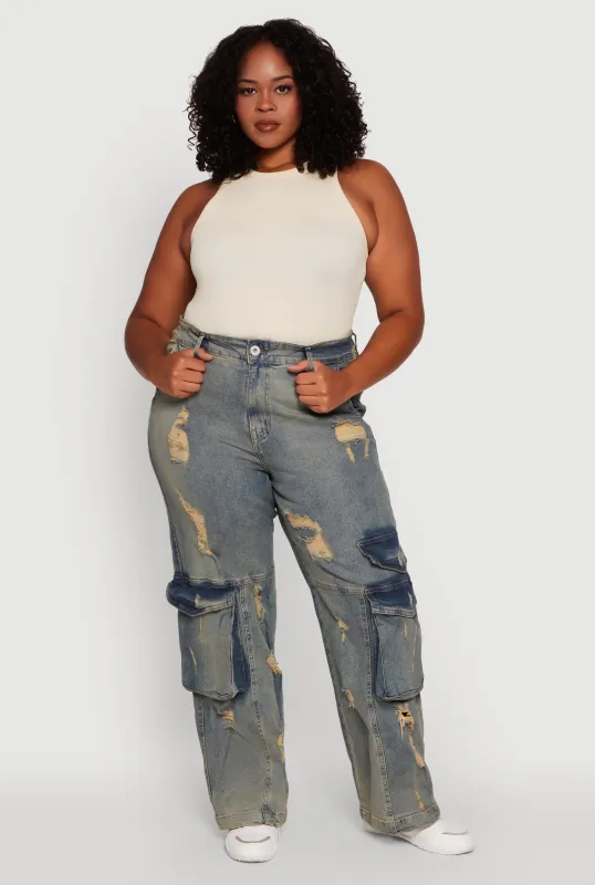 Plus Size High Waisted Distressed Acid Wash Jeans sold by Rainbow