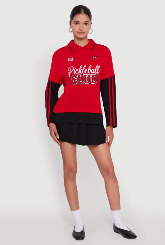 Varsity Stripe Foil Screen Graphic Layered Look Sweater sold by Rainbow