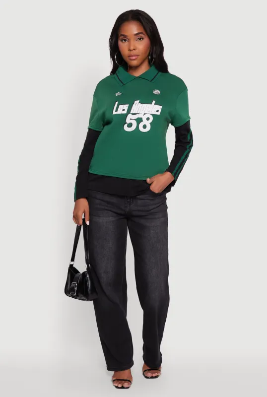 Varsity Stripe Foil Screen Graphic Layered Look Sweater sold by Rainbow