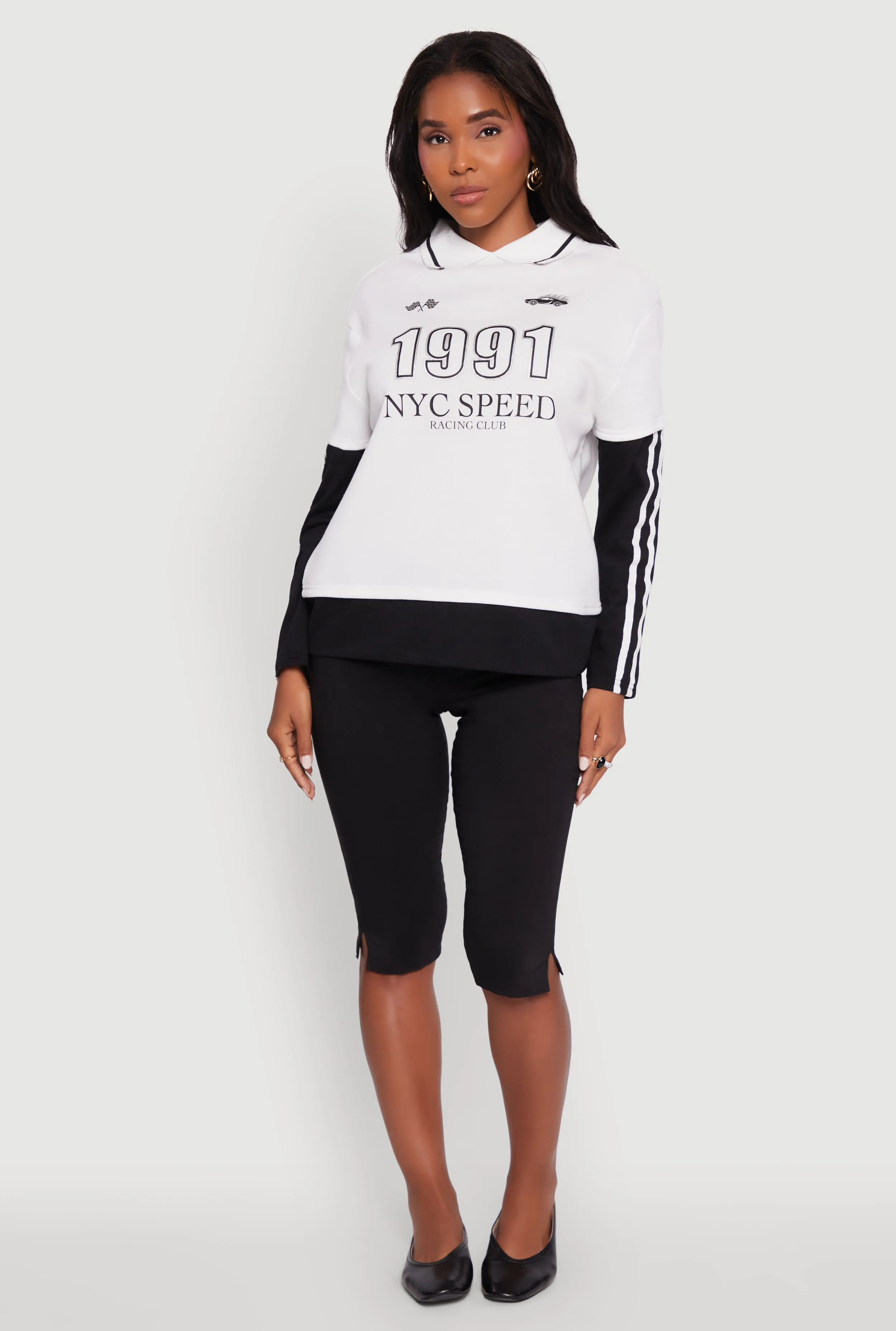 Varsity Stripe Foil Screen Graphic Layered Look Sweater sold by Rainbow