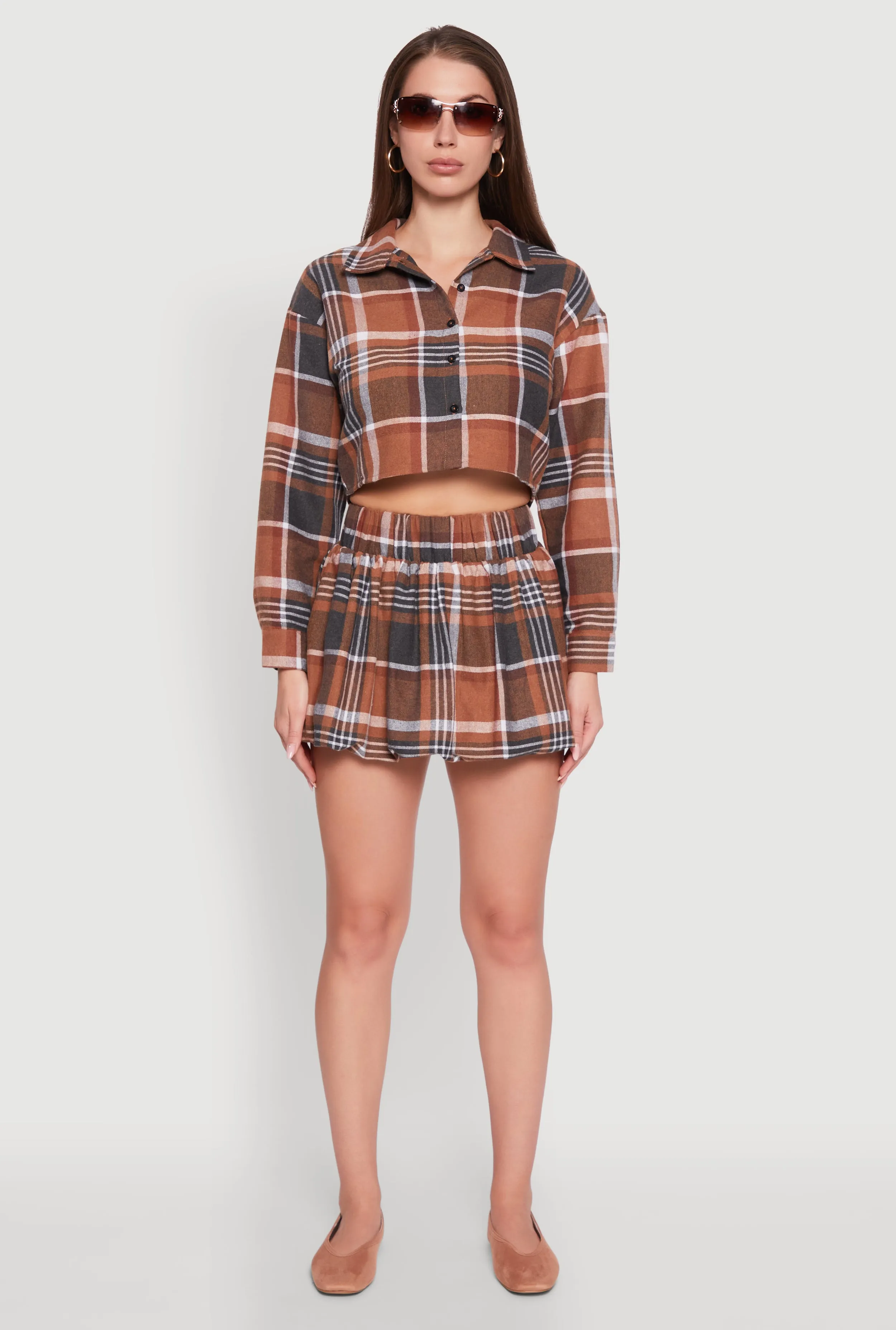 Plaid Flannel Cropped Long Sleeve Shirt sold by Rainbow product image thumbnail 3