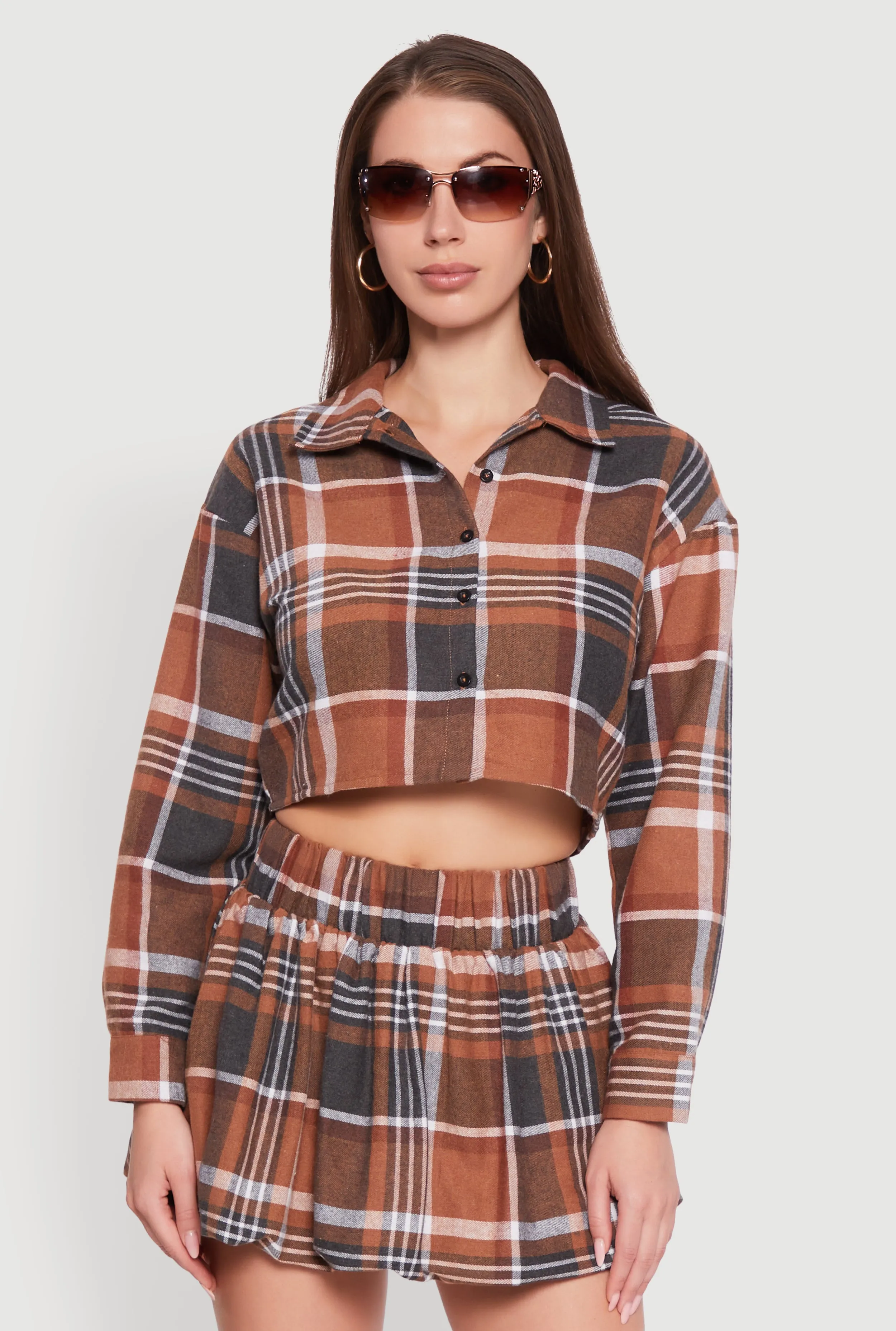 Plaid Flannel Cropped Long Sleeve Shirt sold by Rainbow