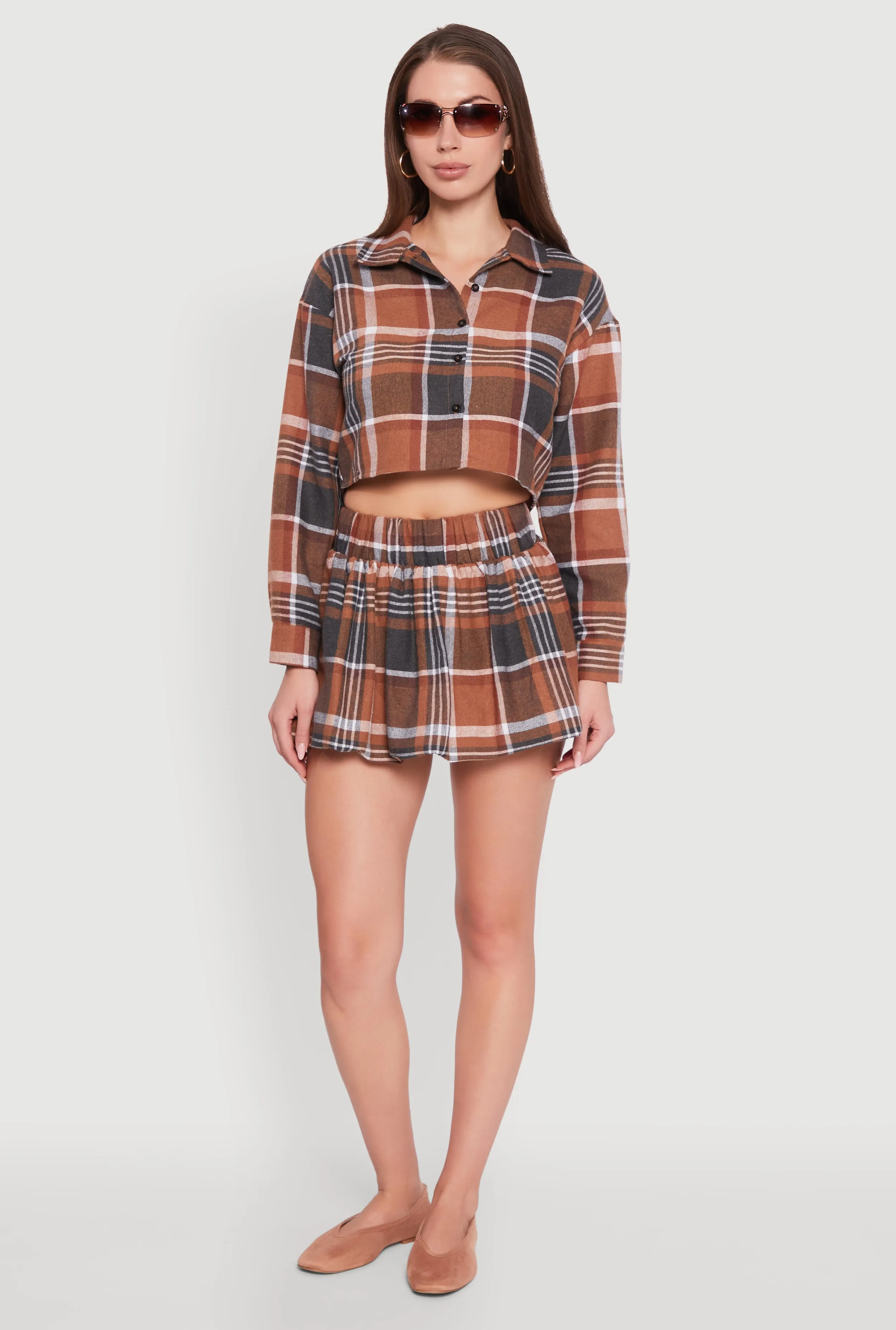 Plaid Flannel Cropped Long Sleeve Shirt sold by Rainbow product image thumbnail 2