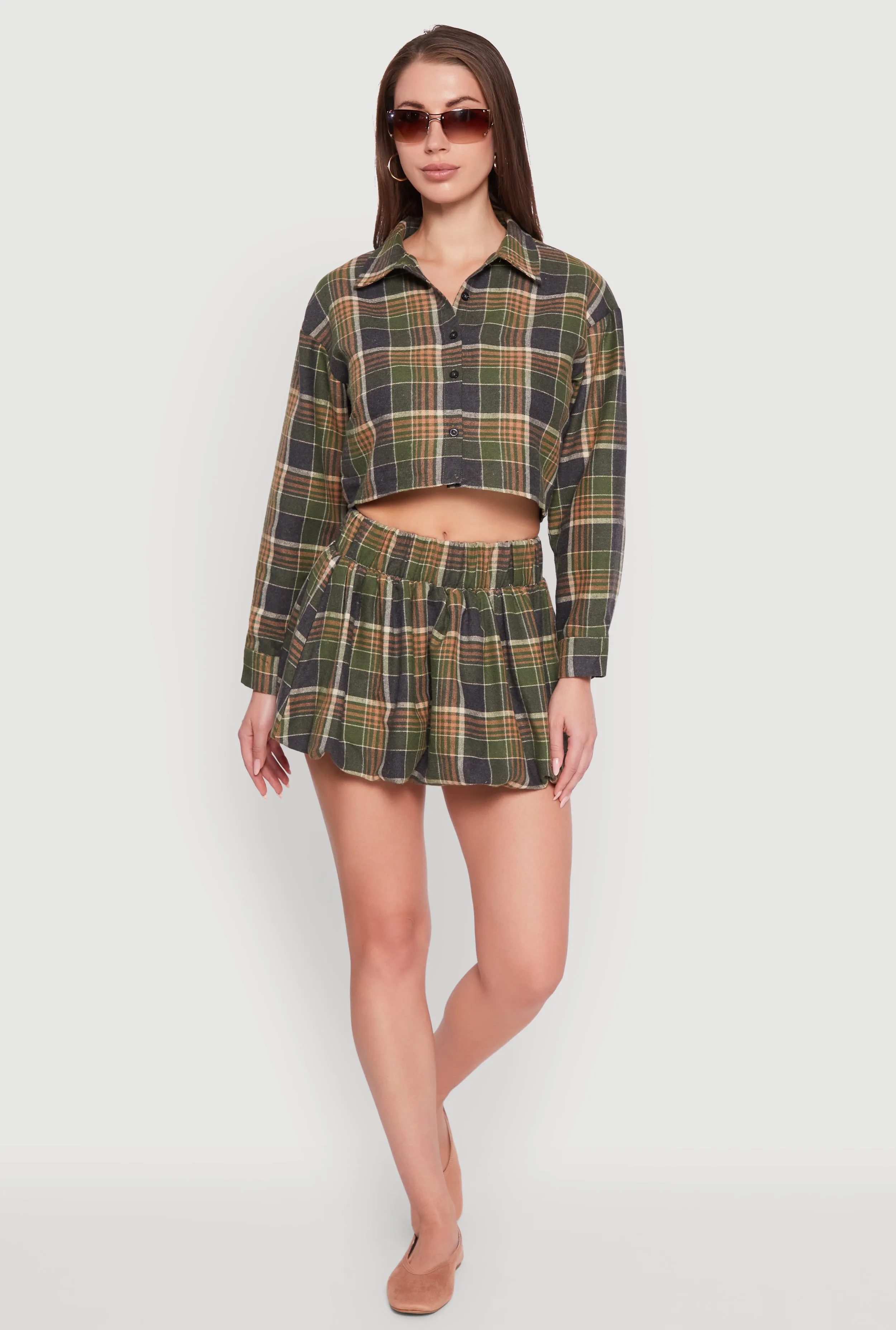 Plaid Flannel Cropped Long Sleeve Shirt sold by Rainbow product image thumbnail 2