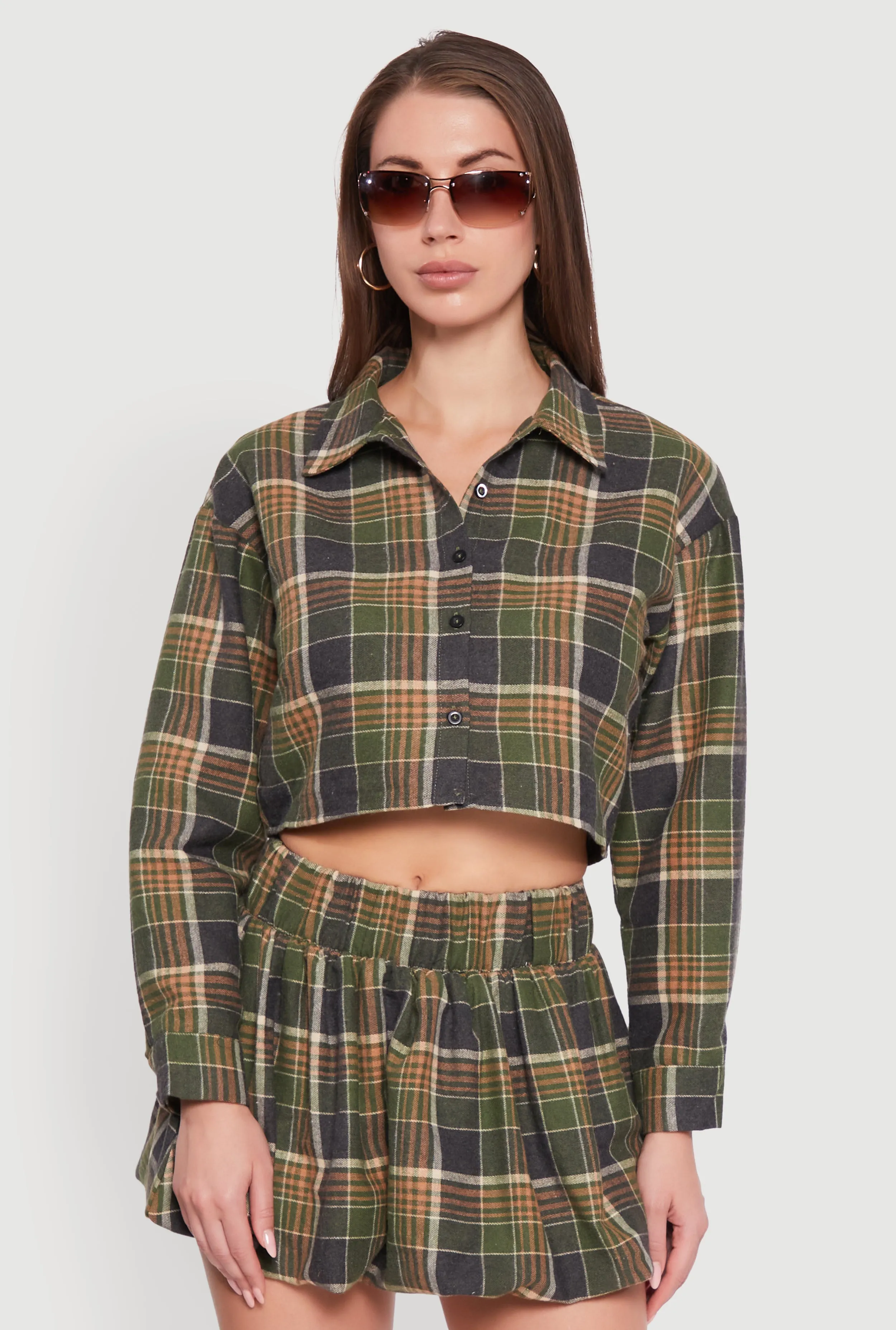 Plaid Flannel Cropped Long Sleeve Shirt sold by Rainbow