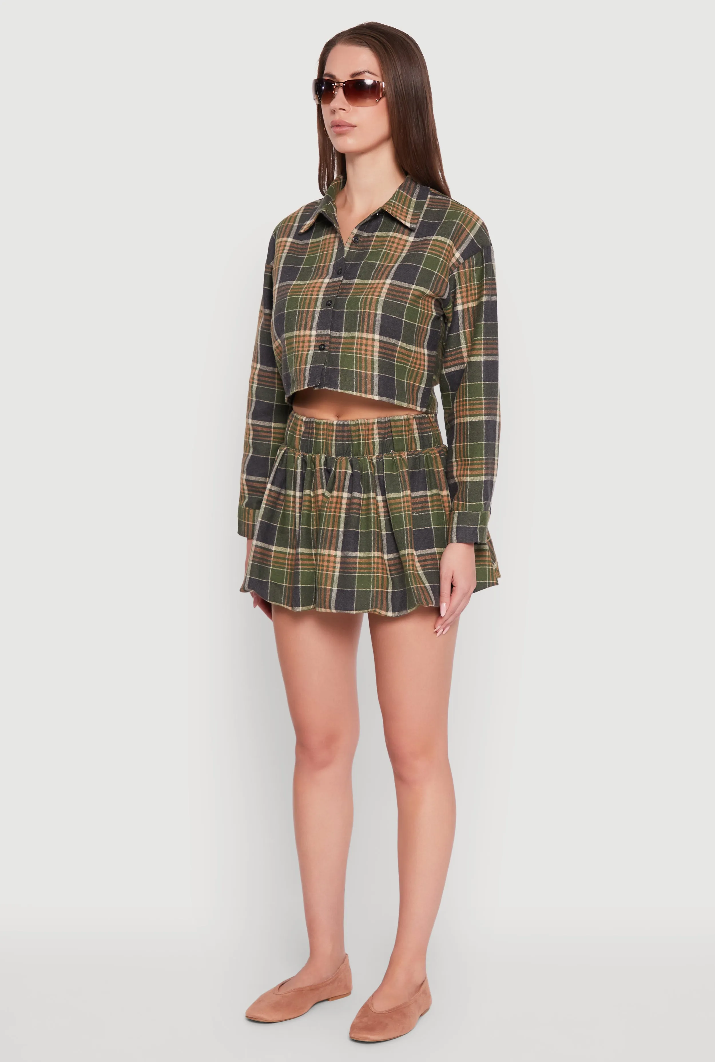 Plaid Flannel Cropped Long Sleeve Shirt sold by Rainbow product image thumbnail 5