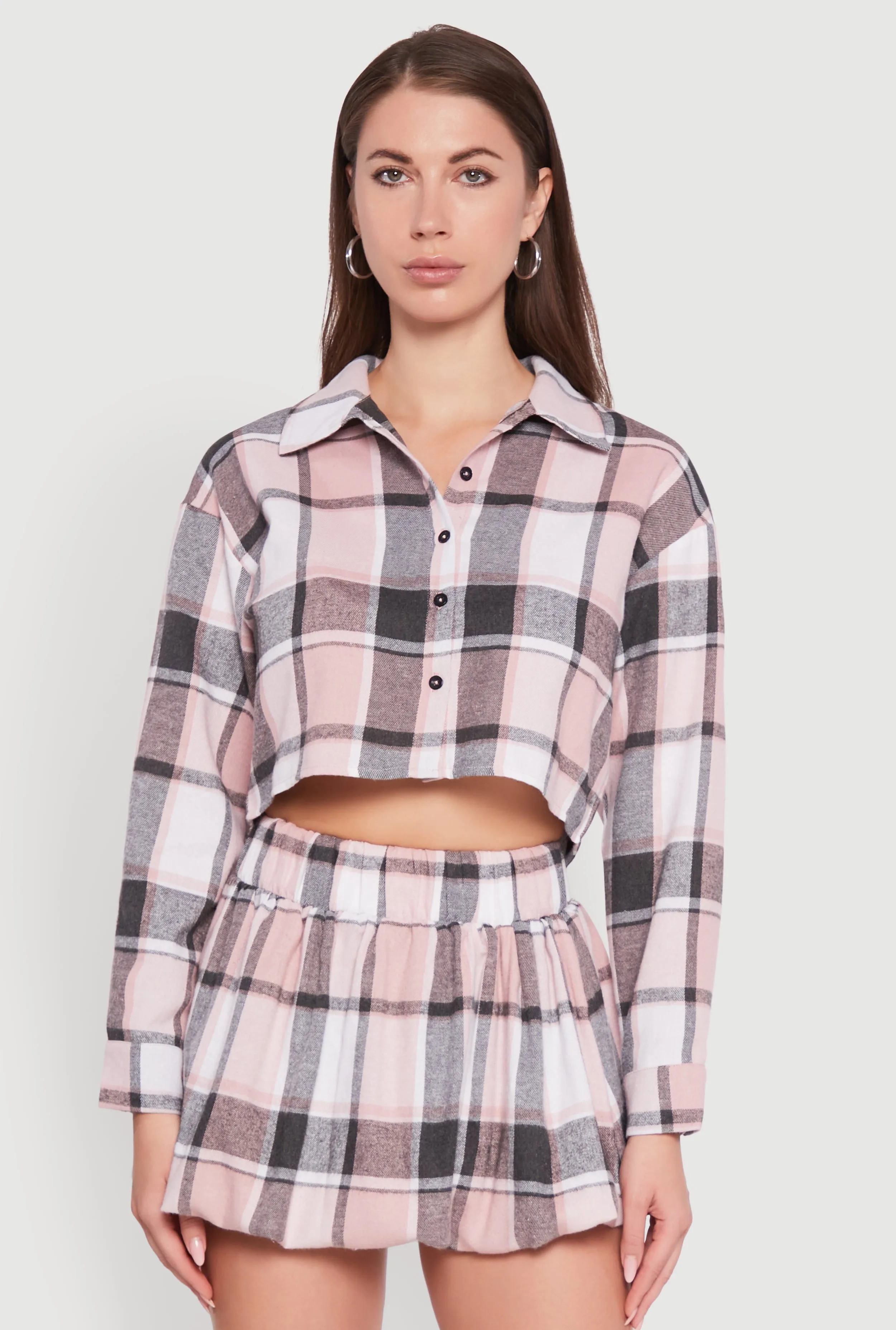 Plaid Flannel Cropped Long Sleeve Shirt sold by Rainbow product image thumbnail 3