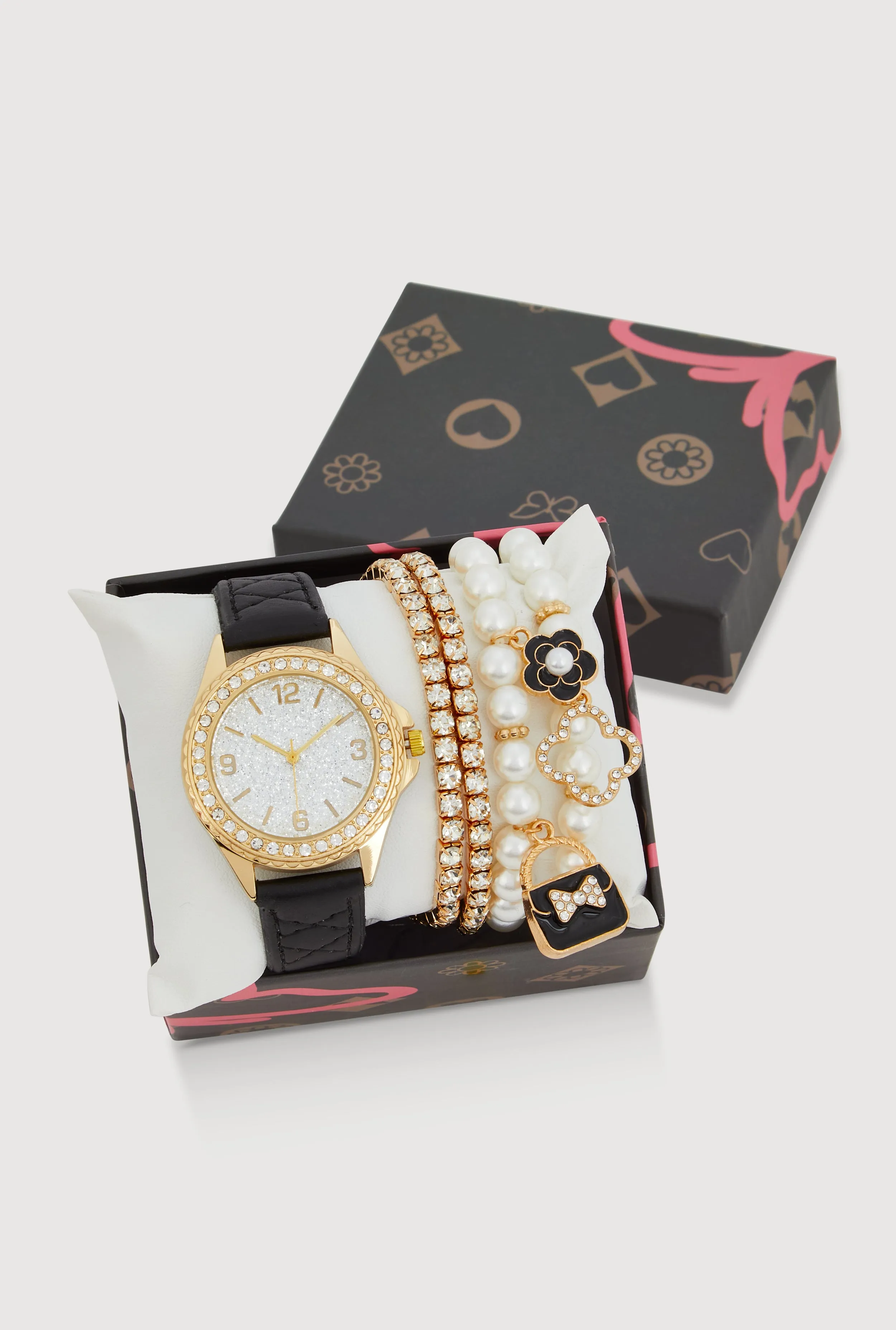 Rhinestone Watch with Stretch and Faux Pearl Charm Bracelets Set of 5 sold by Rainbow
