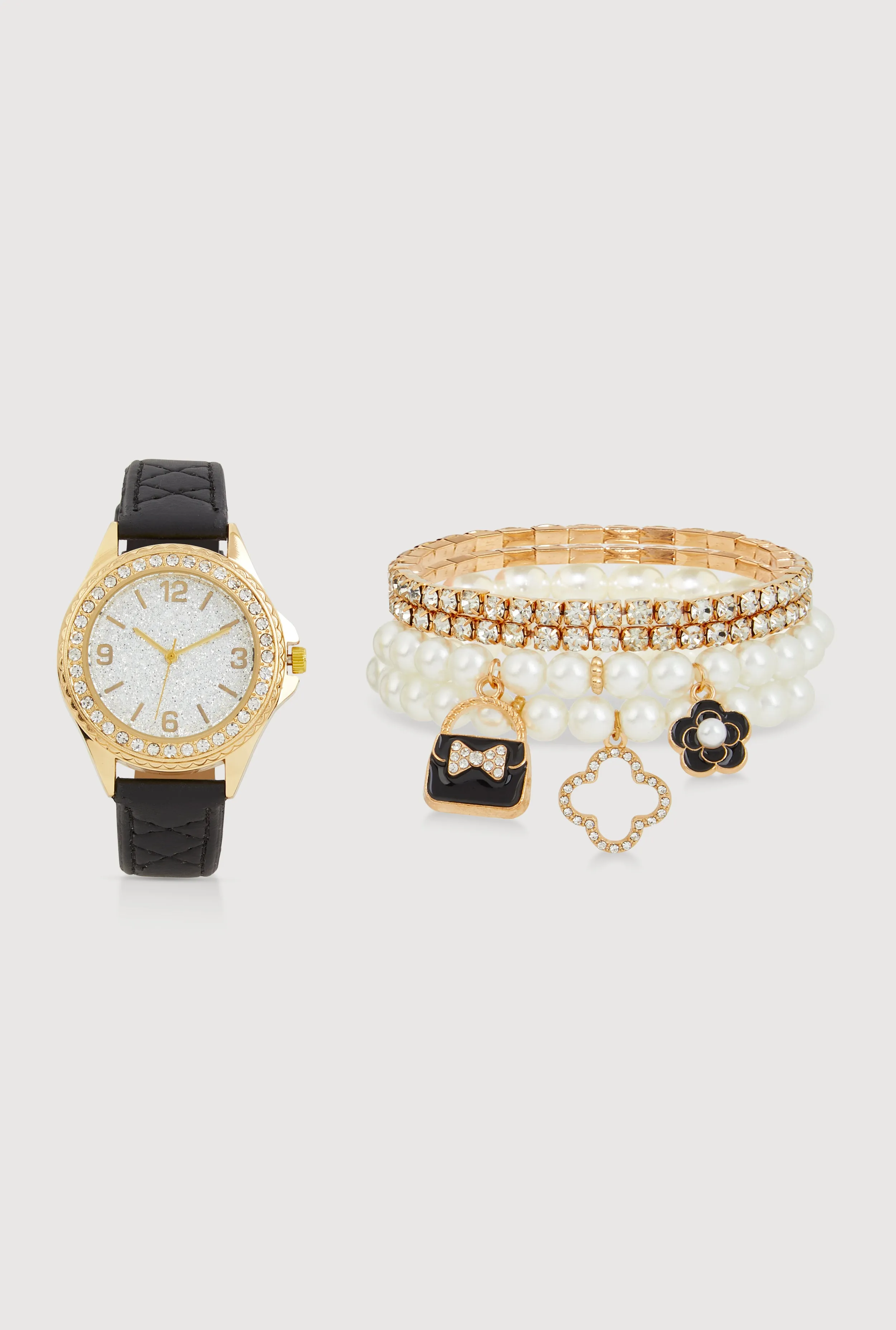 Rhinestone Watch with Stretch and Faux Pearl Charm Bracelets Set of 5 sold by Rainbow product image thumbnail 3