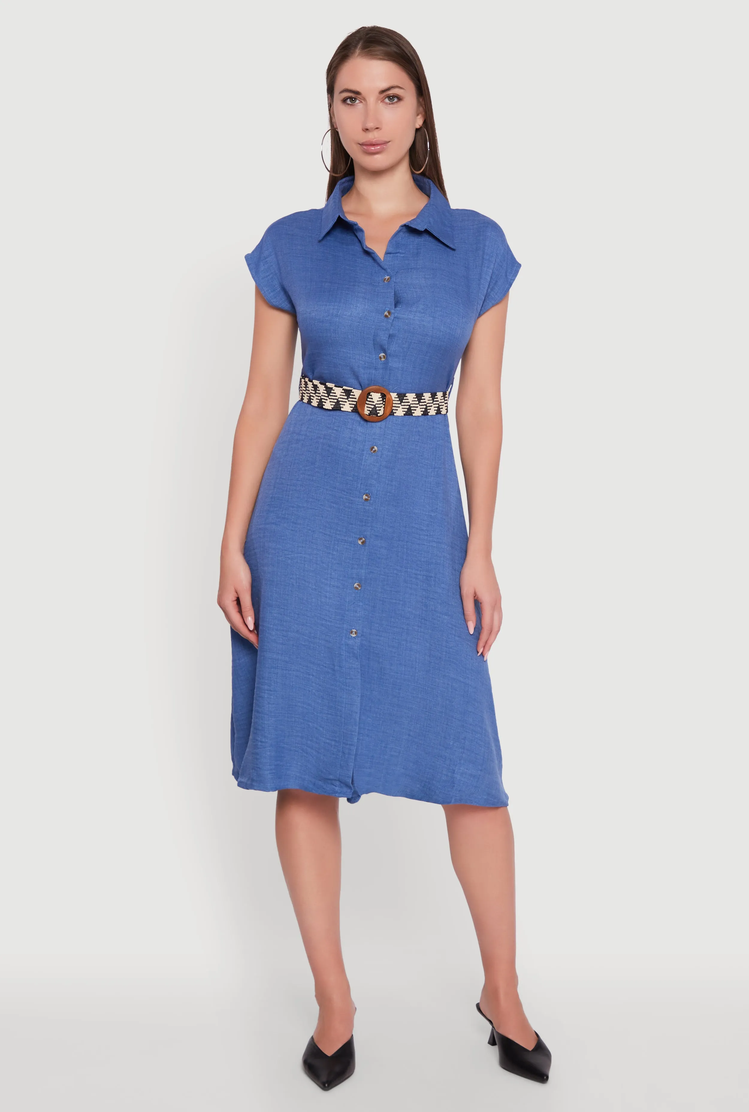 Classic Fit Midi Dress with Belt and Cap Sleeves sold by Rainbow