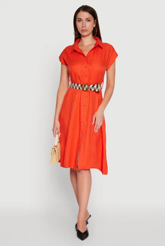 Classic Fit Midi Dress with Belt and Cap Sleeves sold by Rainbow