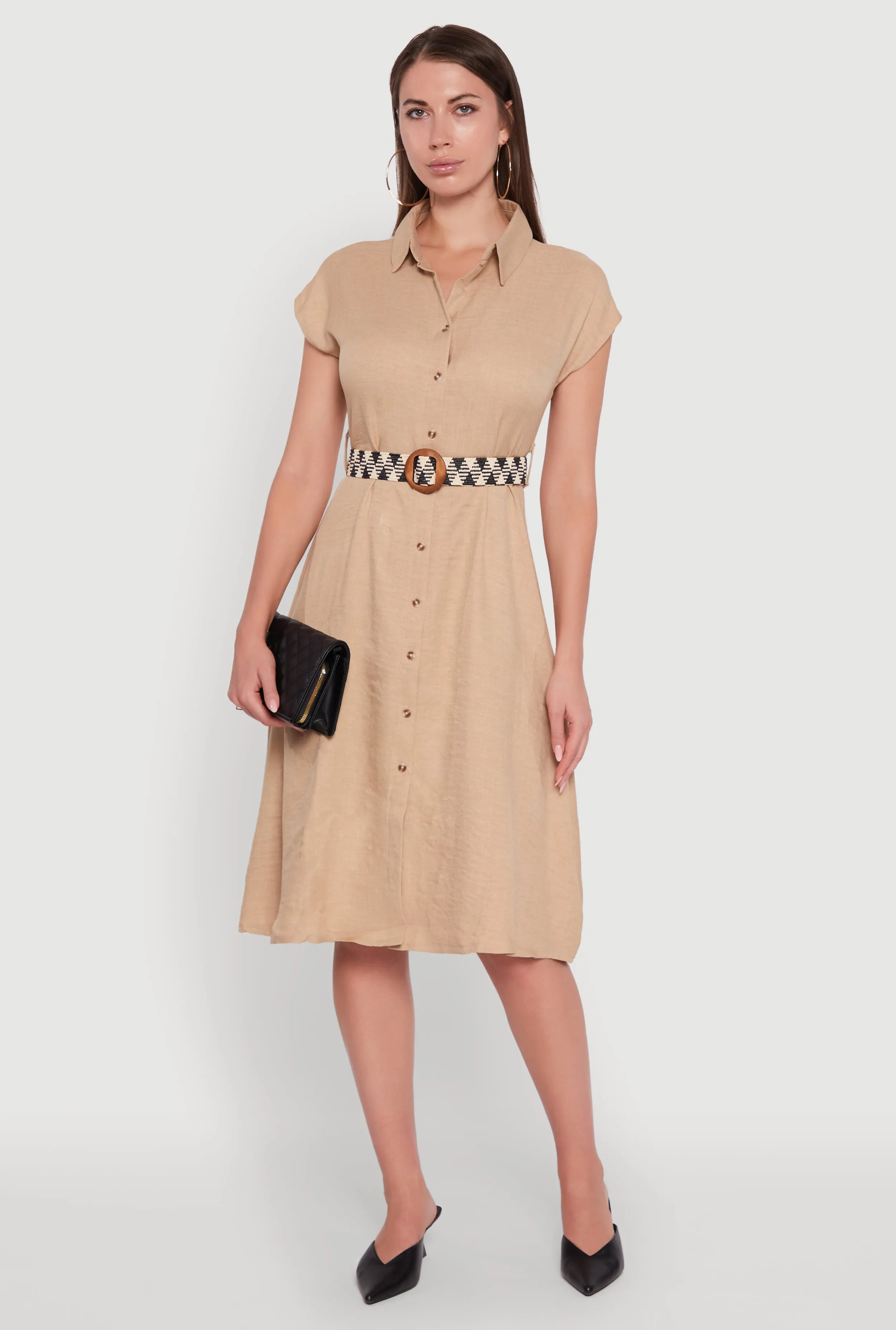 Classic Fit Midi Dress with Belt and Cap Sleeves sold by Rainbow