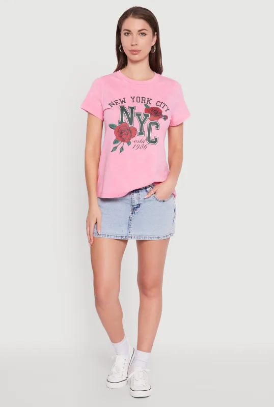 NYC Graphic Rose Print Acid Wash Classic Tee sold by Rainbow