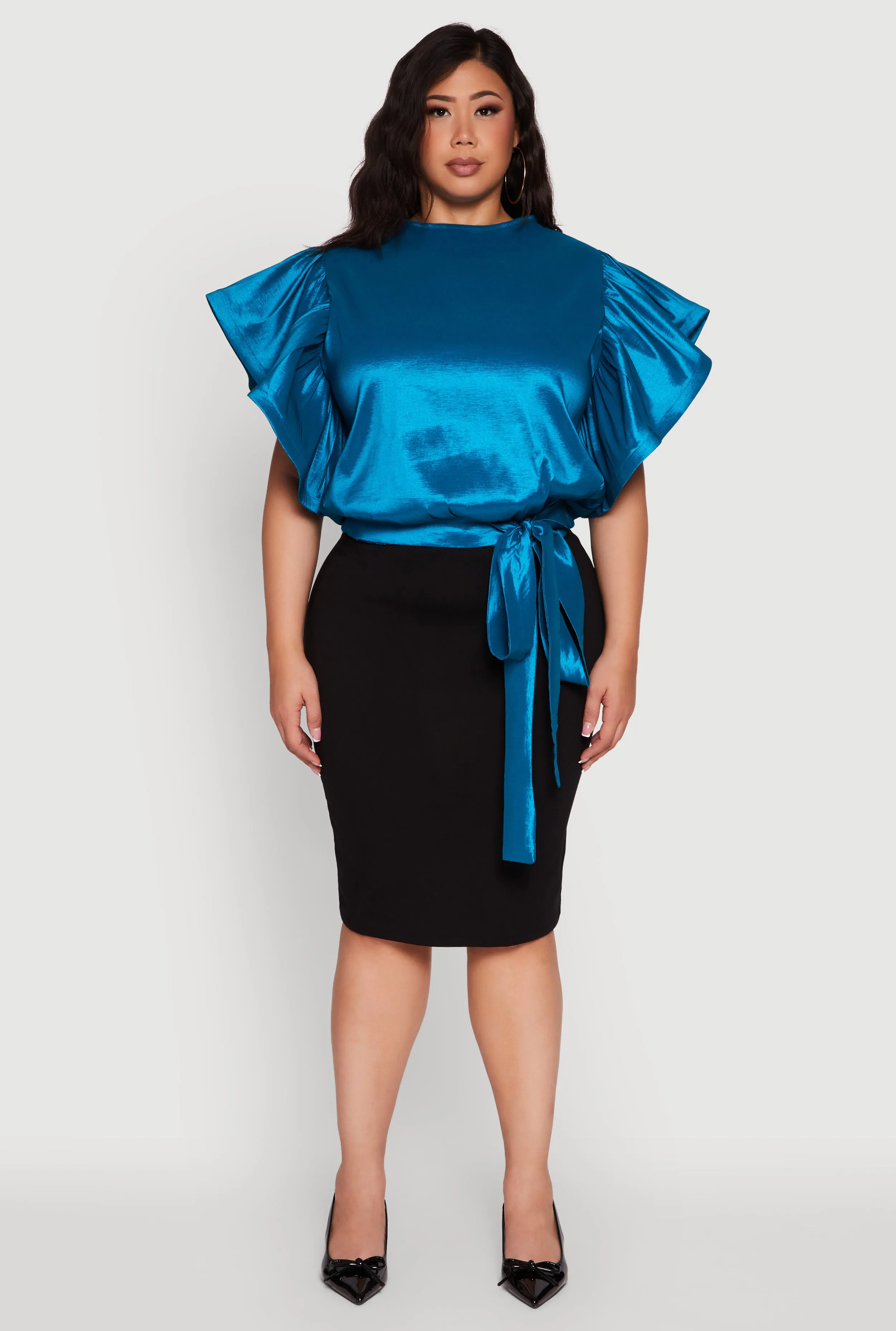 Plus Size Flutter Sleeve Blouse with Tie Waist Belt sold by Rainbow