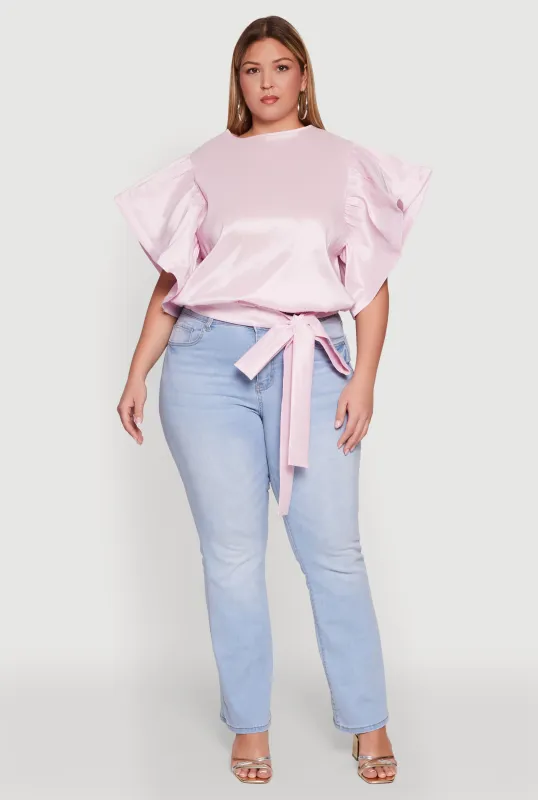 Plus Size Flutter Sleeve Blouse with Tie Waist Belt sold by Rainbow