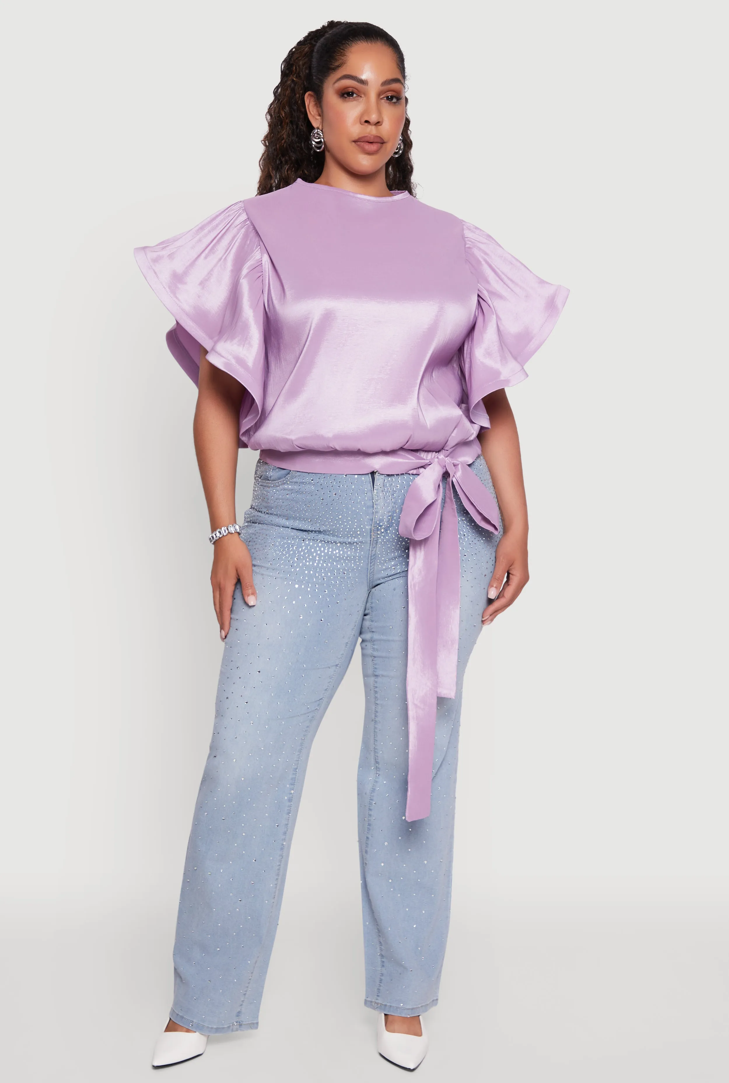 Plus Size Flutter Sleeve Blouse with Tie Waist Belt sold by Rainbow