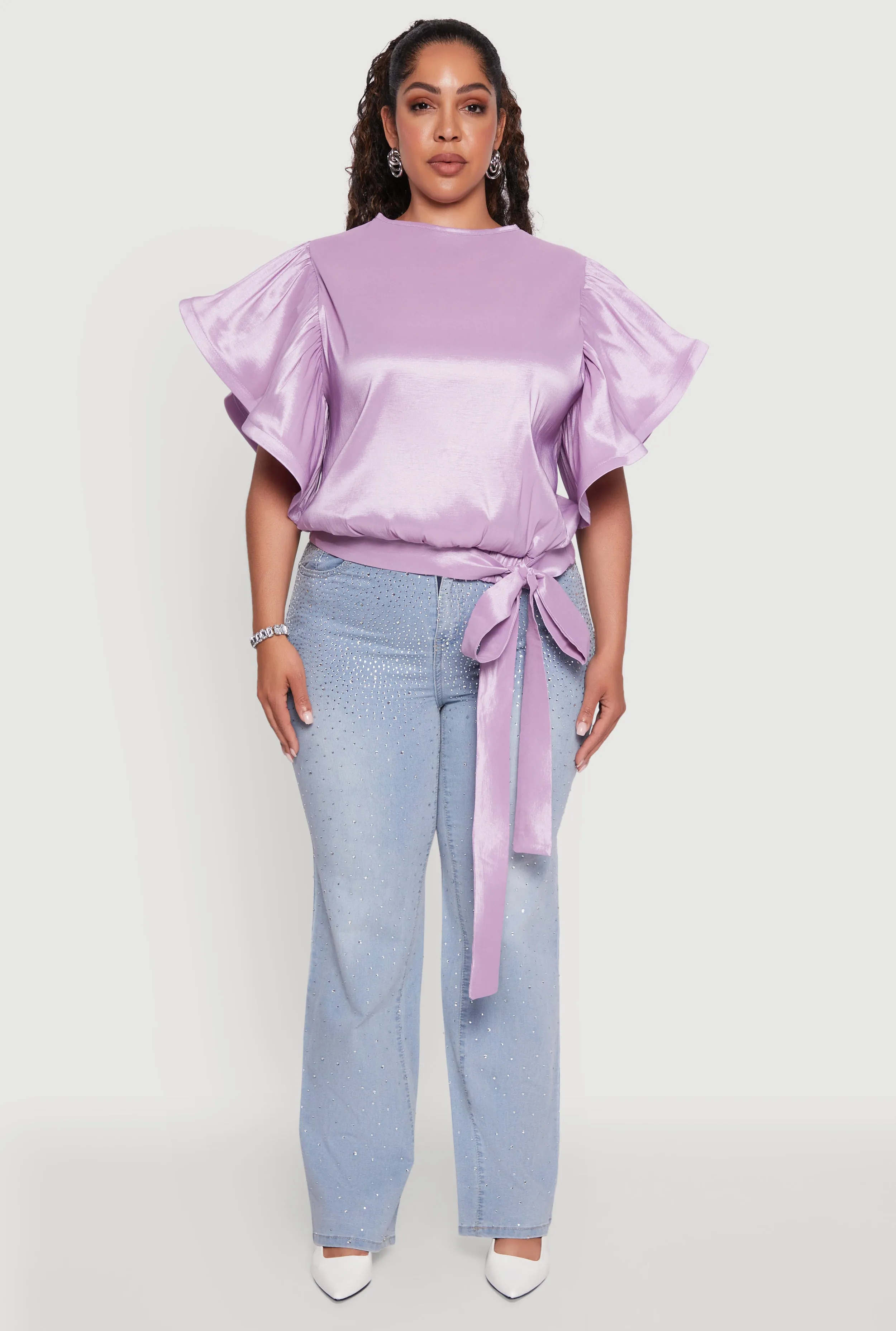 Plus Size Flutter Sleeve Blouse with Tie Waist Belt sold by Rainbow product image thumbnail 3