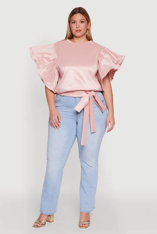 Plus Size Flutter Sleeve Blouse with Tie Waist Belt sold by Rainbow