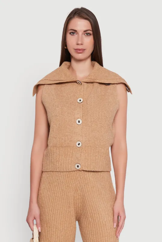 Brushed Rib Knit Collared Button Front Sweater Vest sold by Rainbow