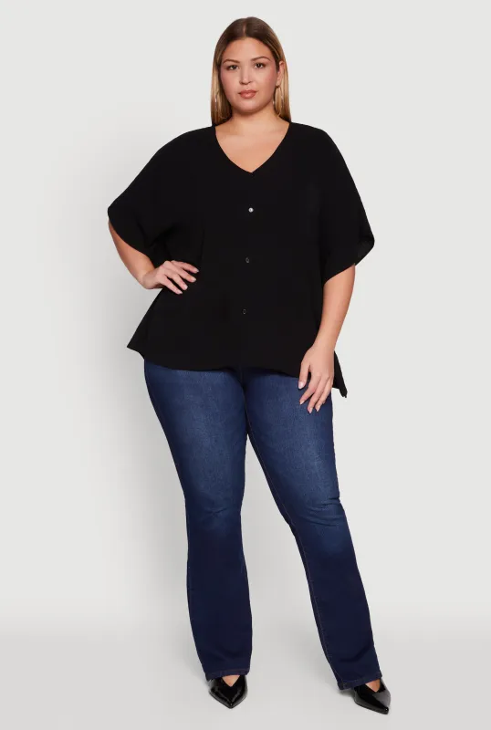 Plus Size Crepe Knit Button Detail Dolman Sleeve Blouse sold by Rainbow