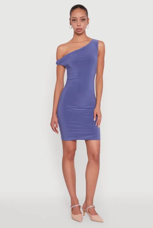 Asymmetrical Shoulder Ruched Side Mini Dress sold by Rainbow